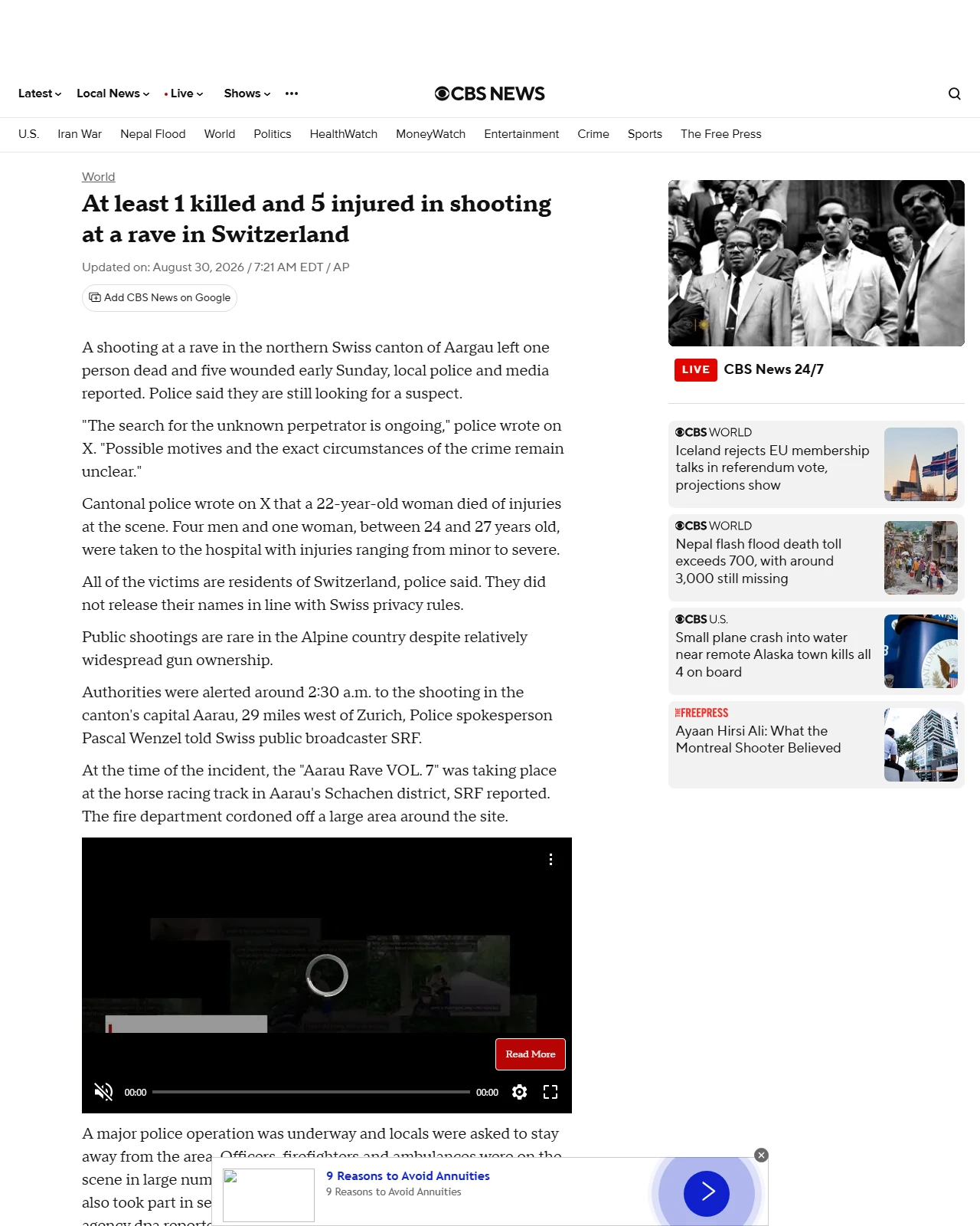 cbsnews.com as published: At least 1 killed, 5 injured in shooting in Switzerland