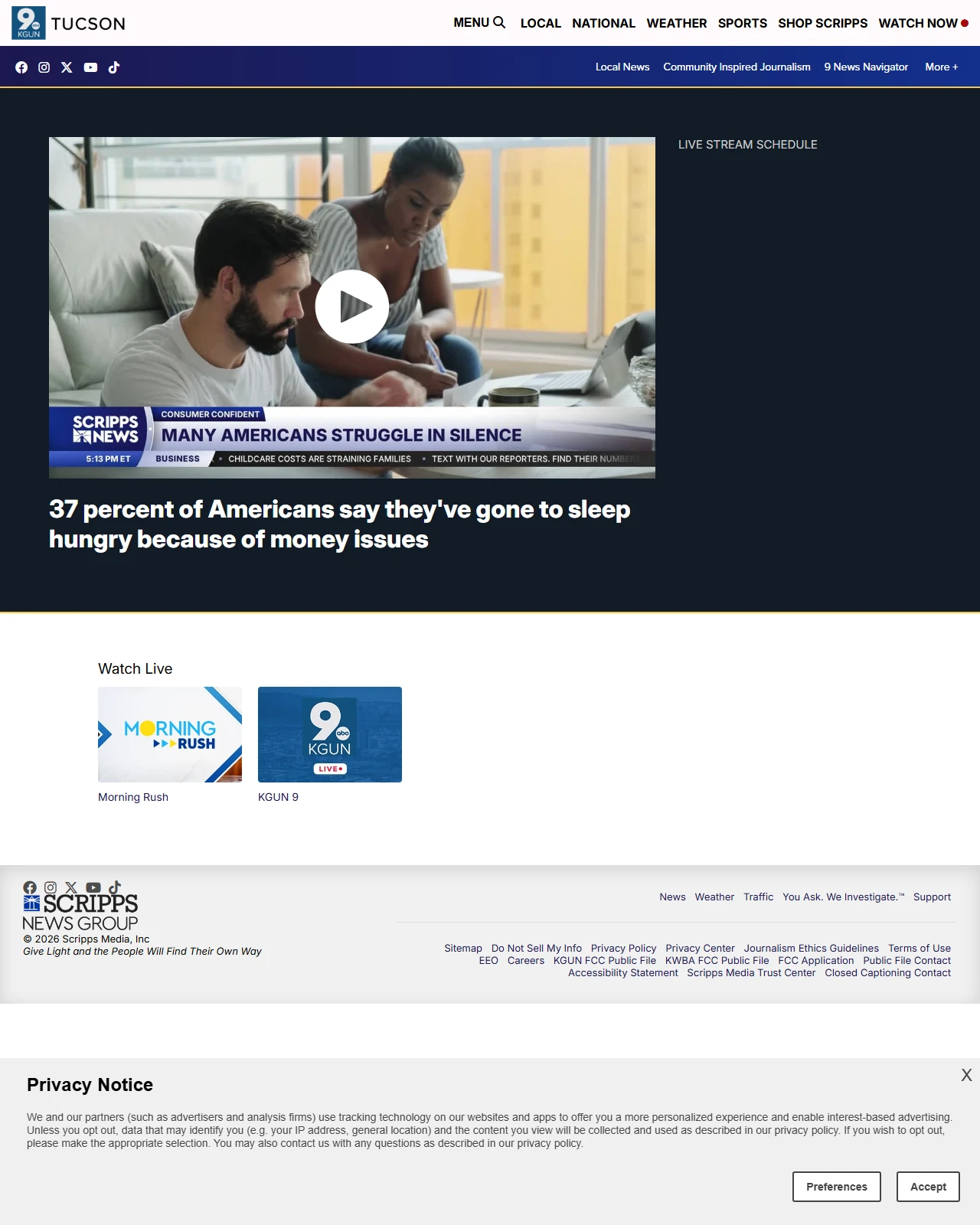 kgun9.com as published: 37 percent of Americans say they've gone to sleep hungry because of money issues