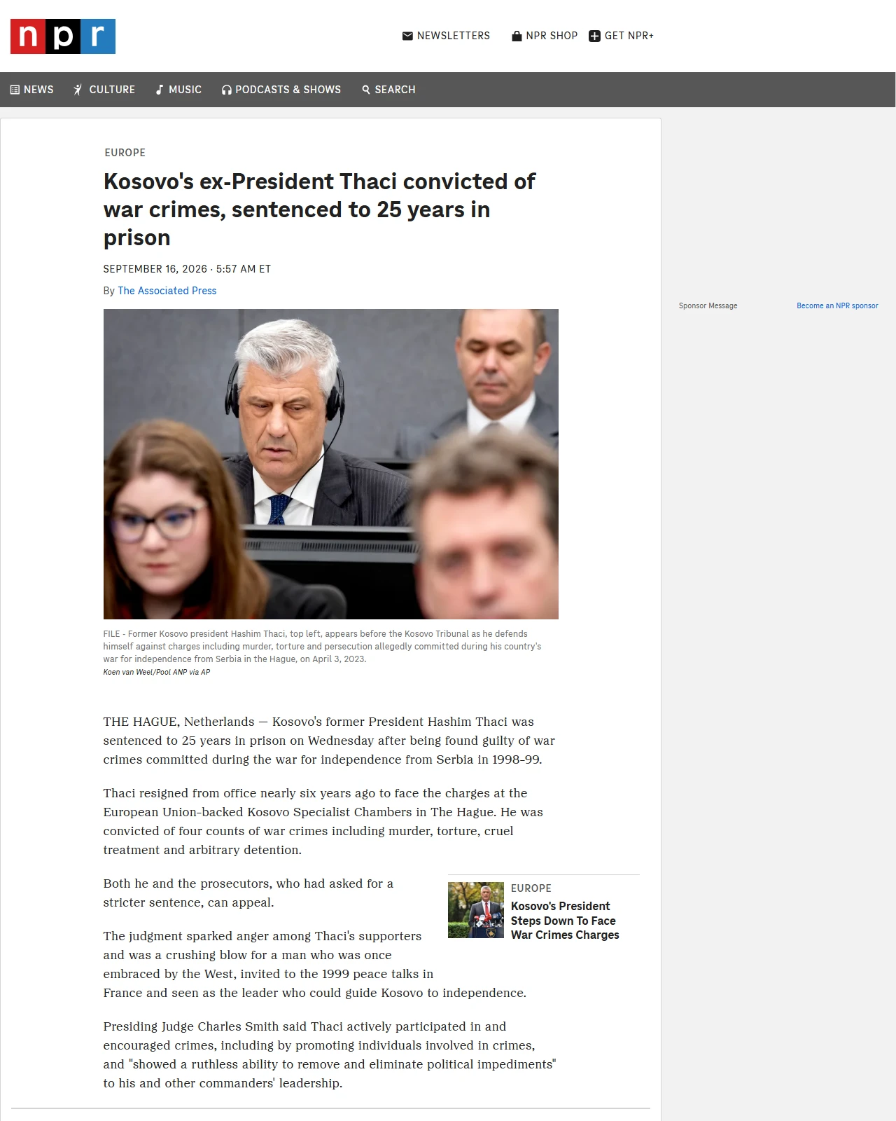 npr.org as published: Kosovo's ex-President Thaci convicted of war crimes, sentenced to 25 years in prison