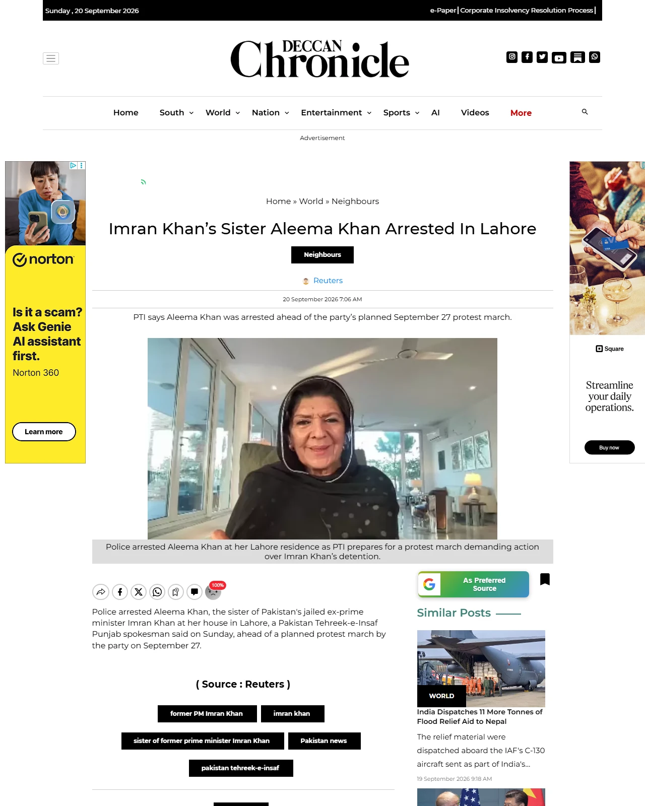 deccanchronicle.com as published: Imran Khan’s Sister Aleema Khan Arrested In Lahore