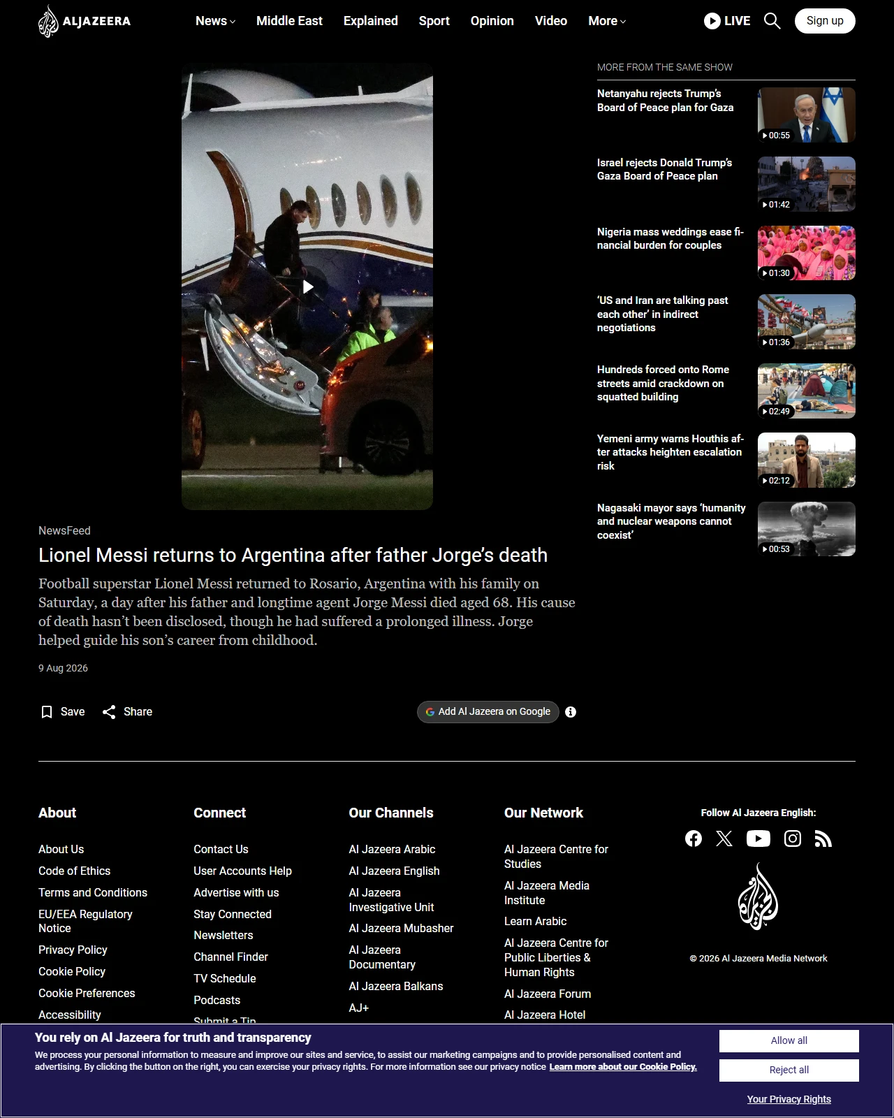 aljazeera.com as published: Lionel Messi returns to Argentina after father Jorge’s death