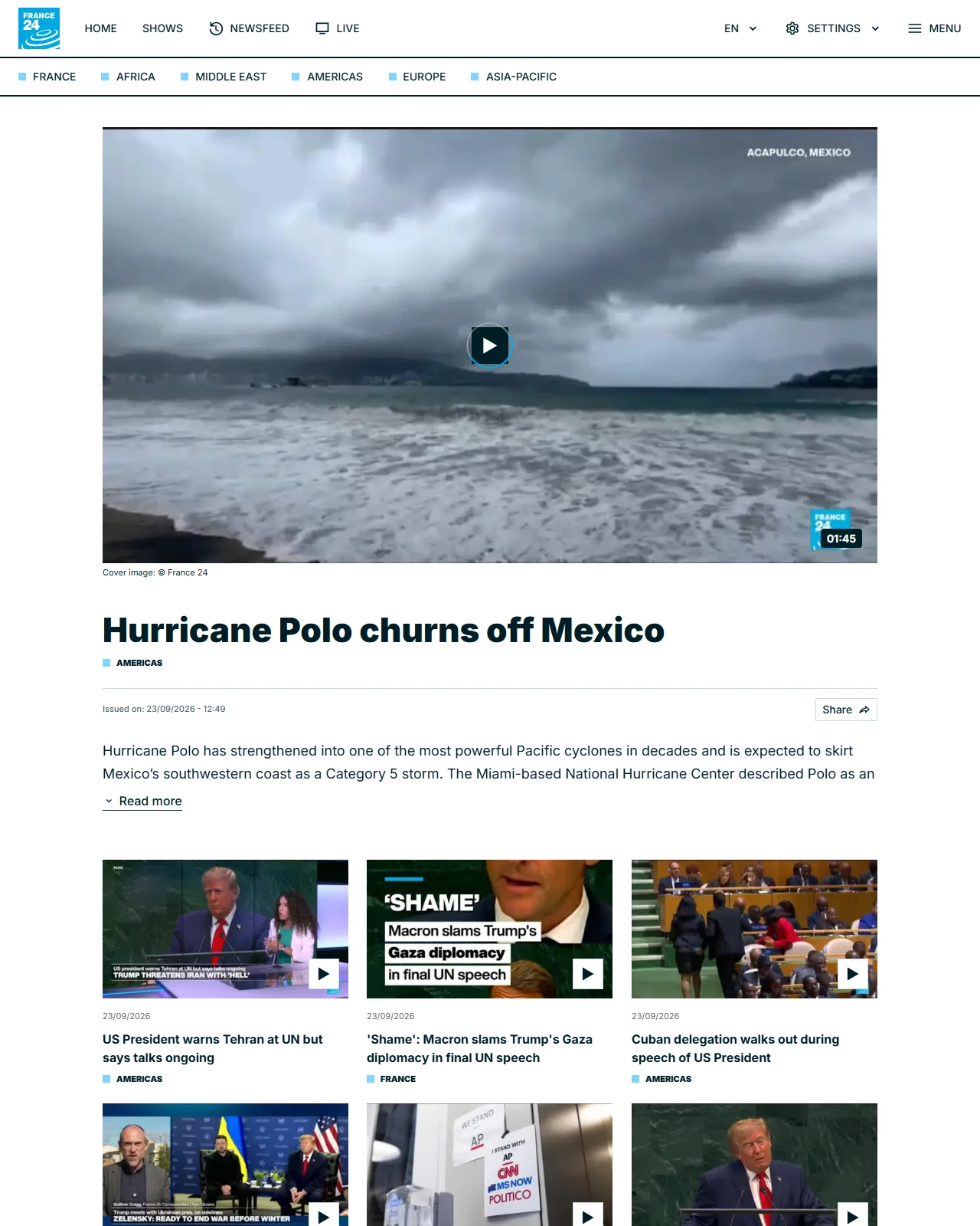 france24.com as published: Hurricane Polo churns off Mexico