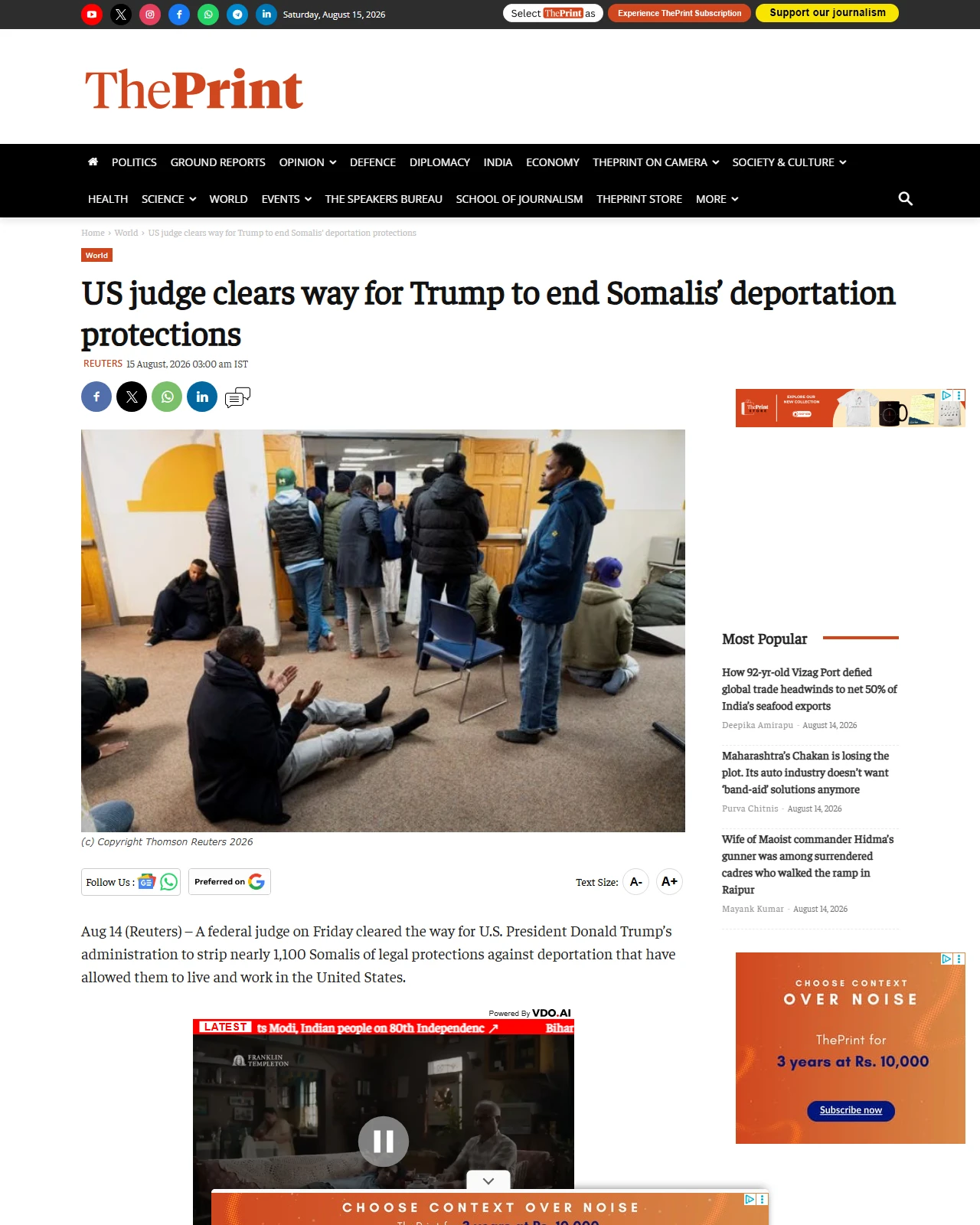 theprint.in as published: US judge clears way for Trump to end Somalis’ deportation protections