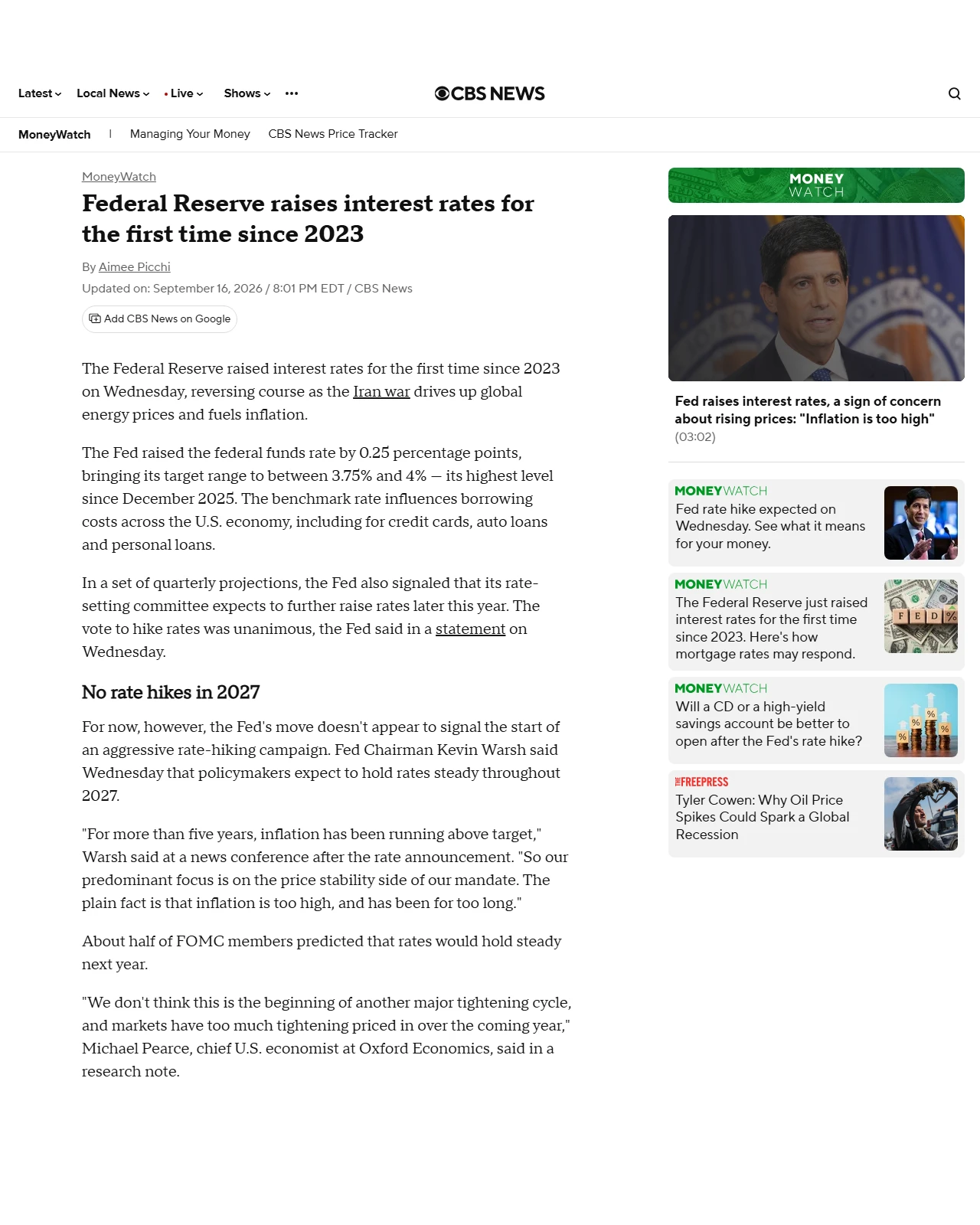 cbsnews.com as published: Federal Reserve raises interest rates for the first time since 2023