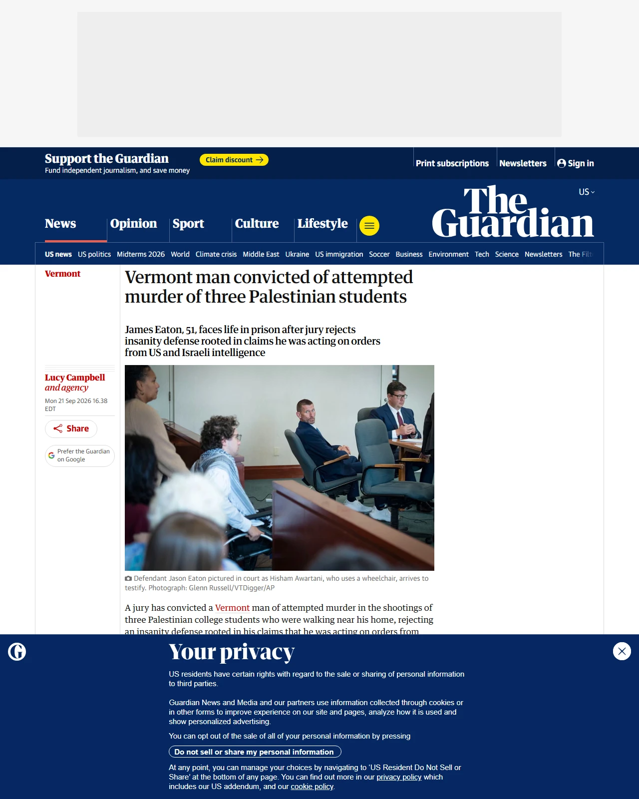 theguardian.com as published: Vermont man convicted of attempted murder of three Palestinian students