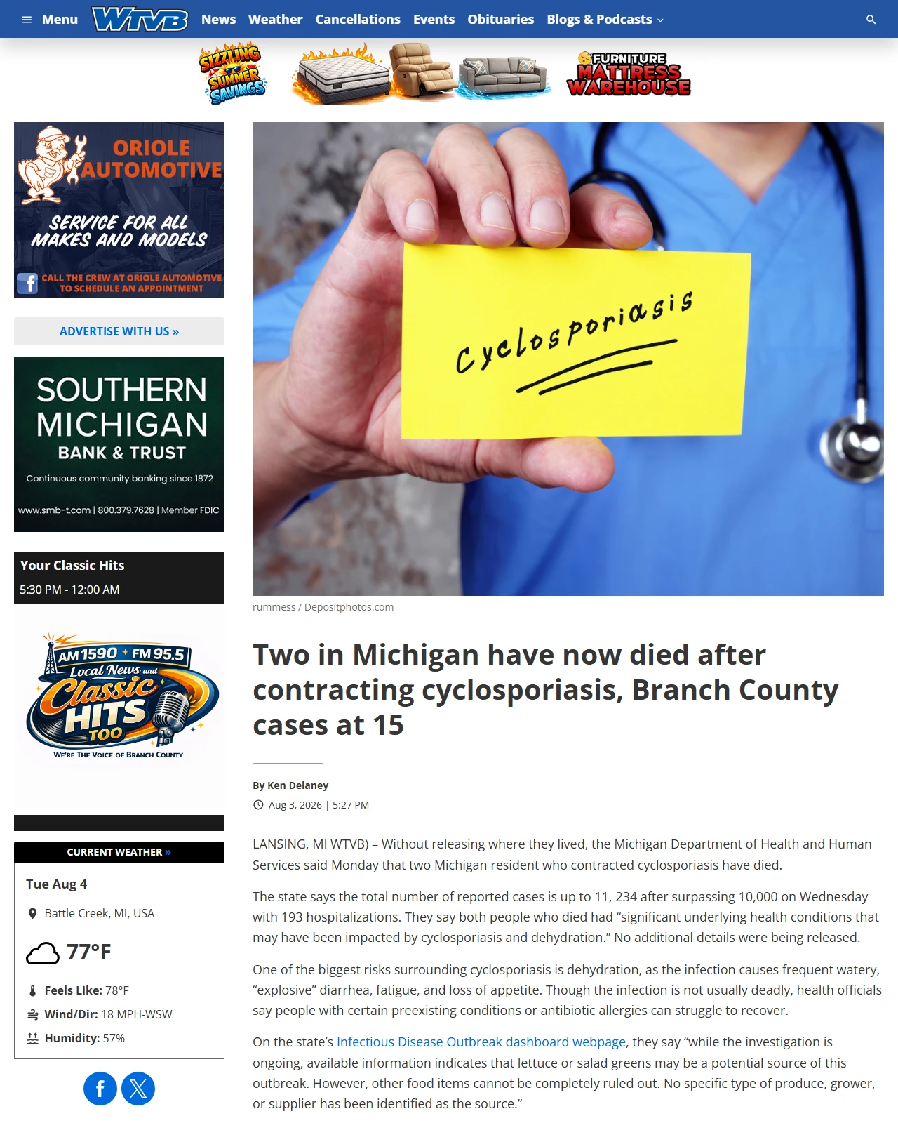 wtvbam.com as published: Two in Michigan have now died after contracting cyclosporiasis, Branch County cases at 15