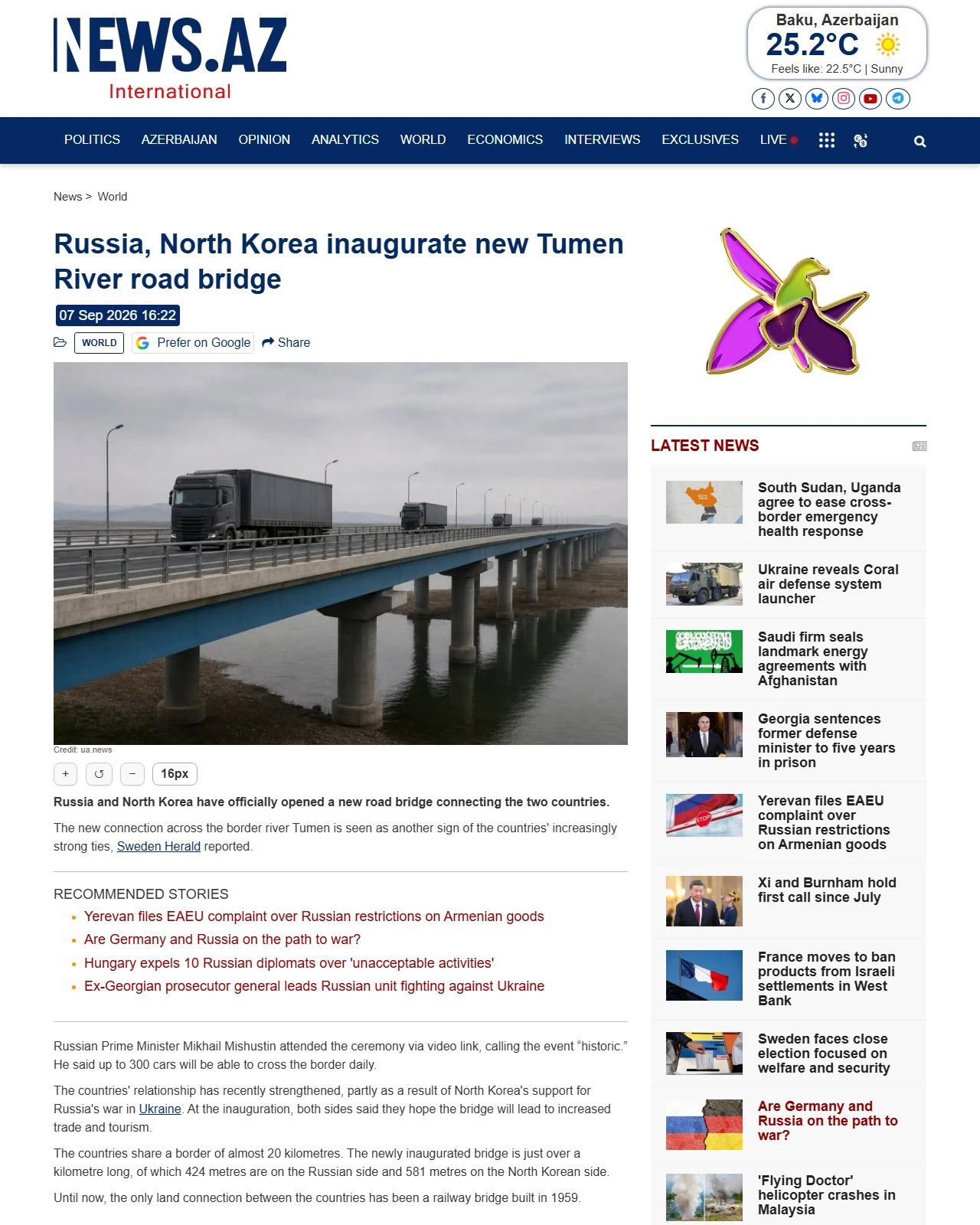 news.az as published: Russia, North Korea inaugurate new Tumen River road bridge