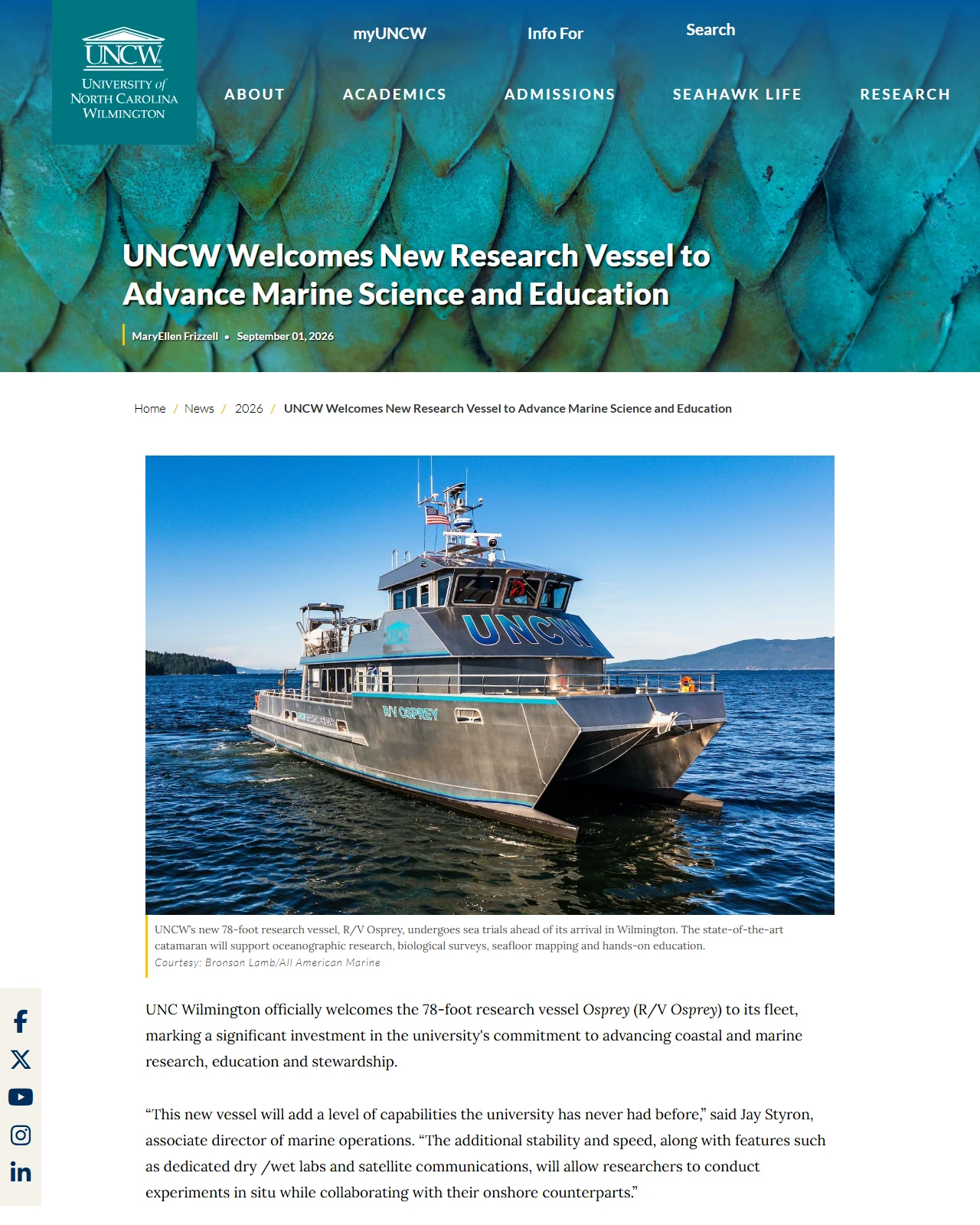 uncw.edu as published: UNCW Welcomes New Research Vessel to Advance Marine Science and Education - University of North Carolina Wilmington | UNCW