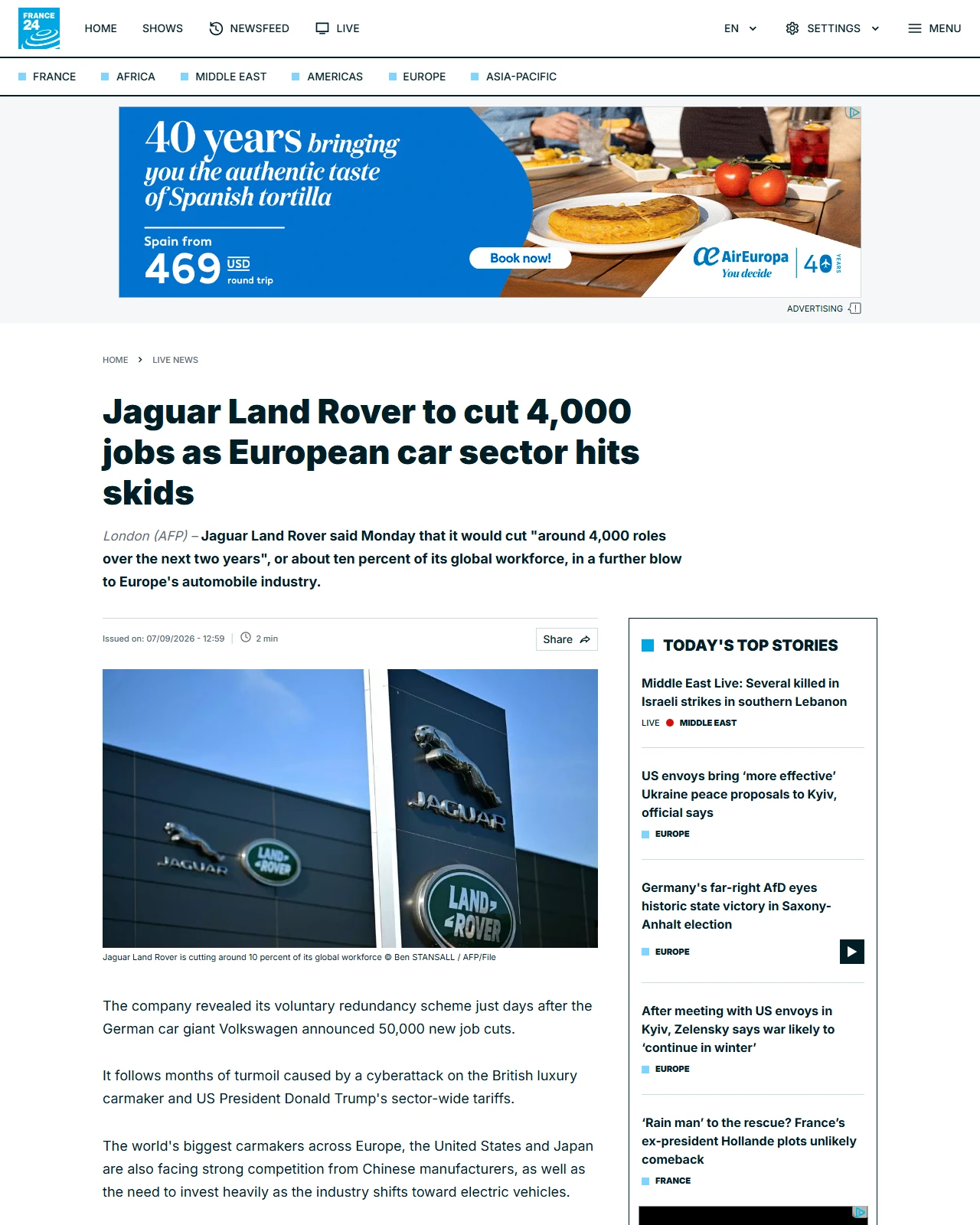 france24.com as published: Jaguar Land Rover to cut 4,000 jobs as European car sector hits skids
