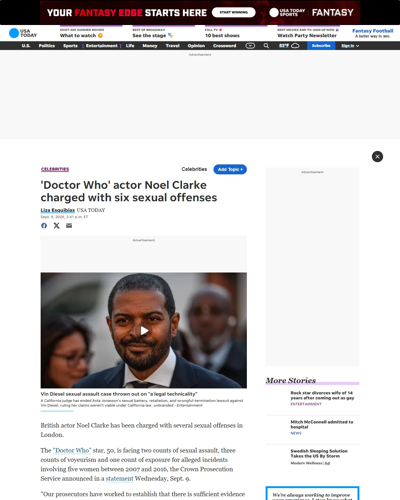 usatoday.com as published: 'Doctor Who' actor Noel Clarke charged with six sexual offenses