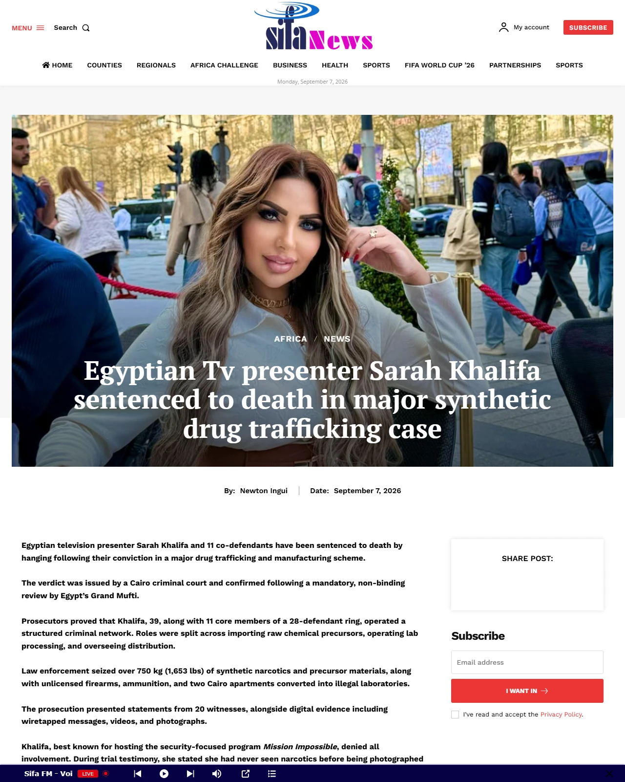 sifafm.co.ke as published: Egyptian Tv presenter Sarah Khalifa sentenced to death in major synthetic drug trafficking case