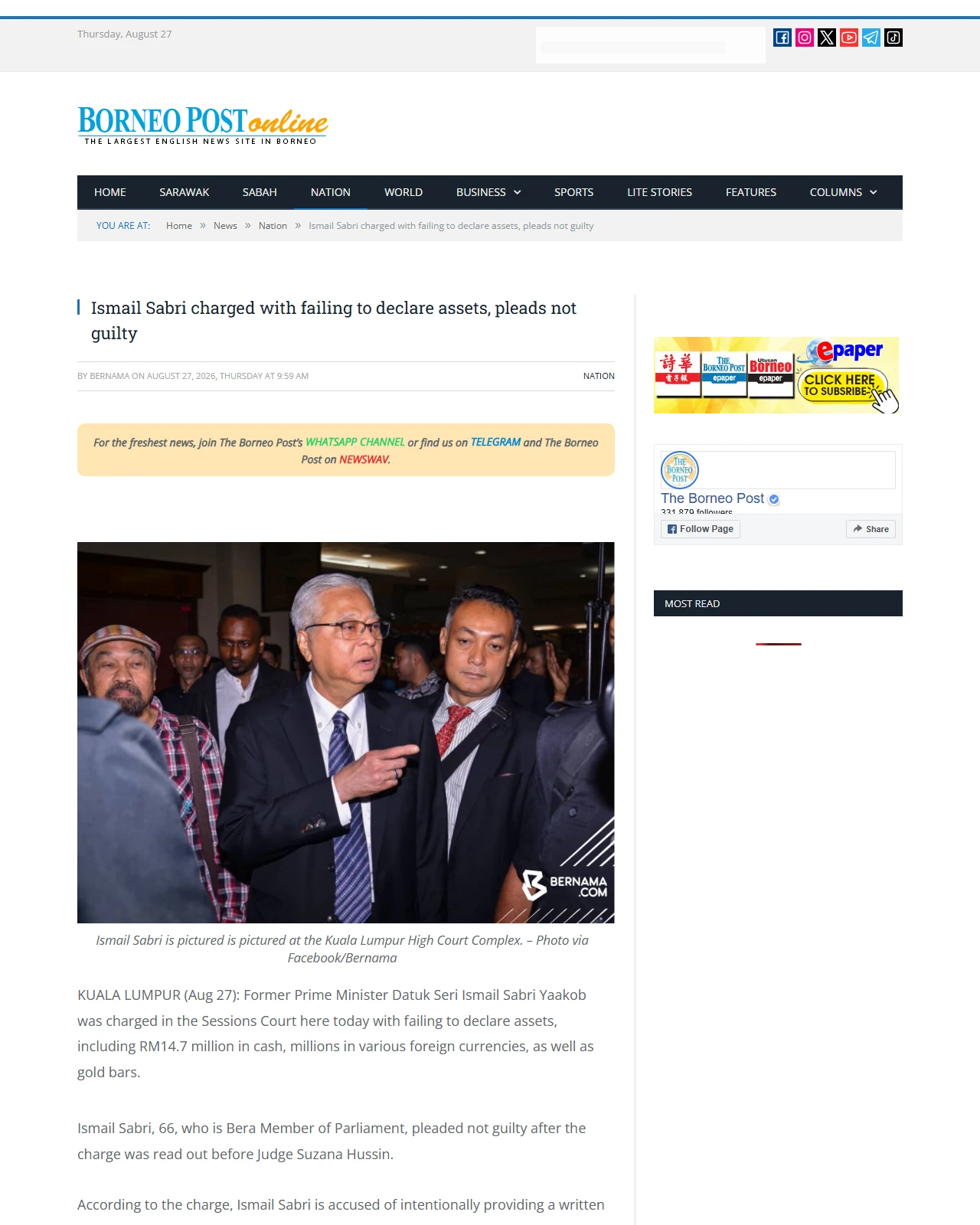 theborneopost.com as published: Ismail Sabri charged with failing to declare assets, pleads not guilty