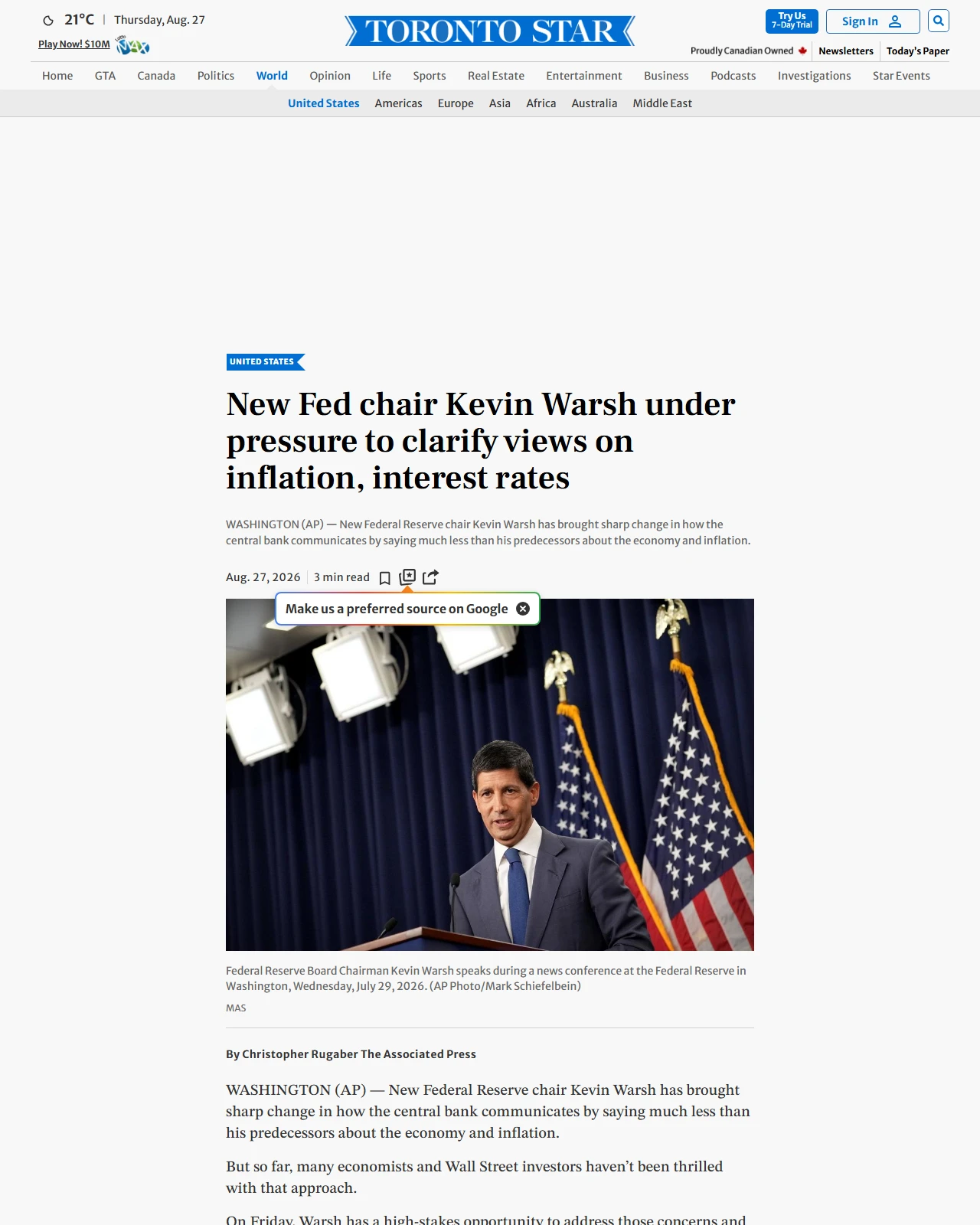 thestar.com as published: New Fed chair Kevin Warsh under pressure to clarify views on inflation, interest rates