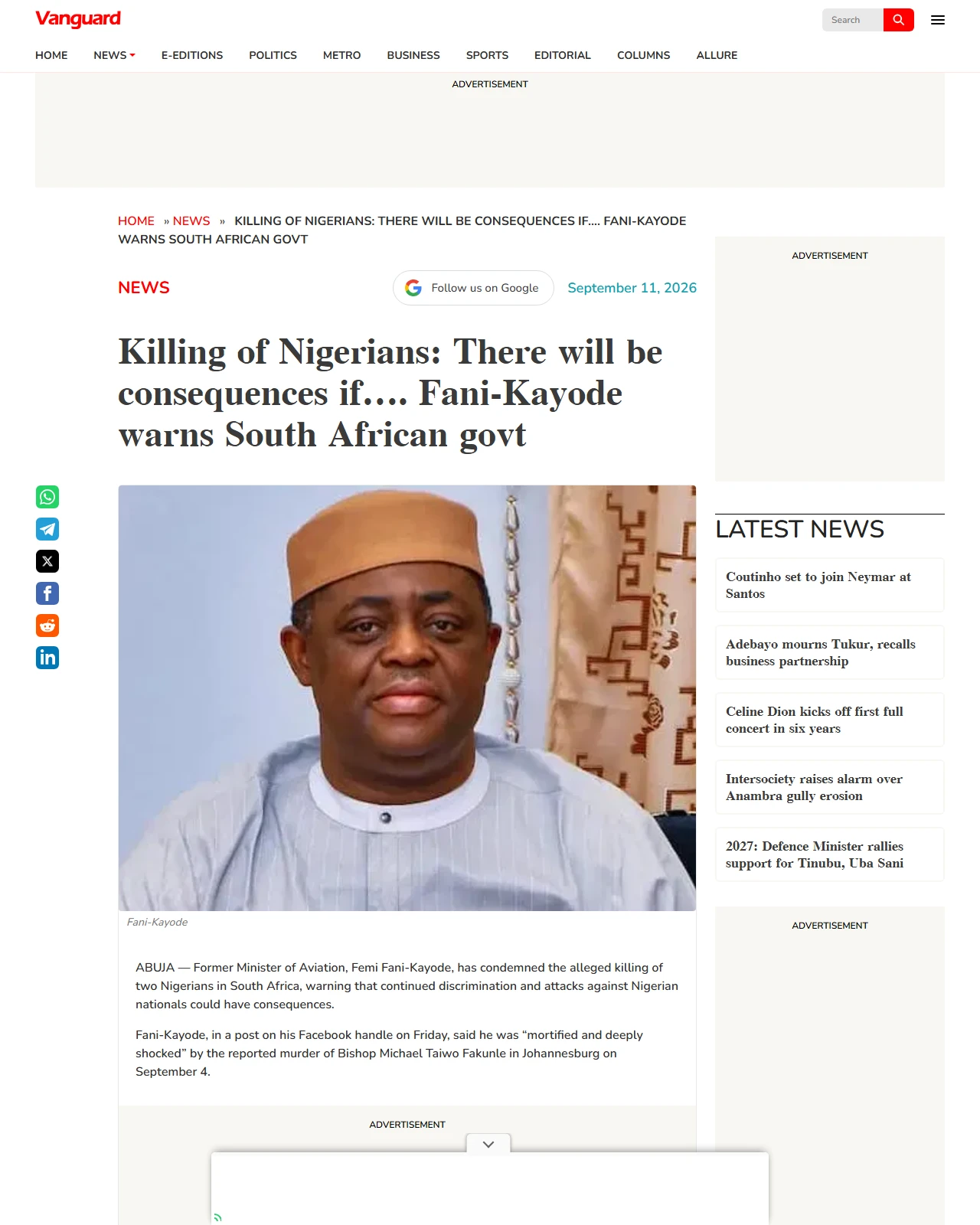vanguardngr.com as published: Killing of Nigerians: There will be consequences if…. Fani-Kayode warns South African govt