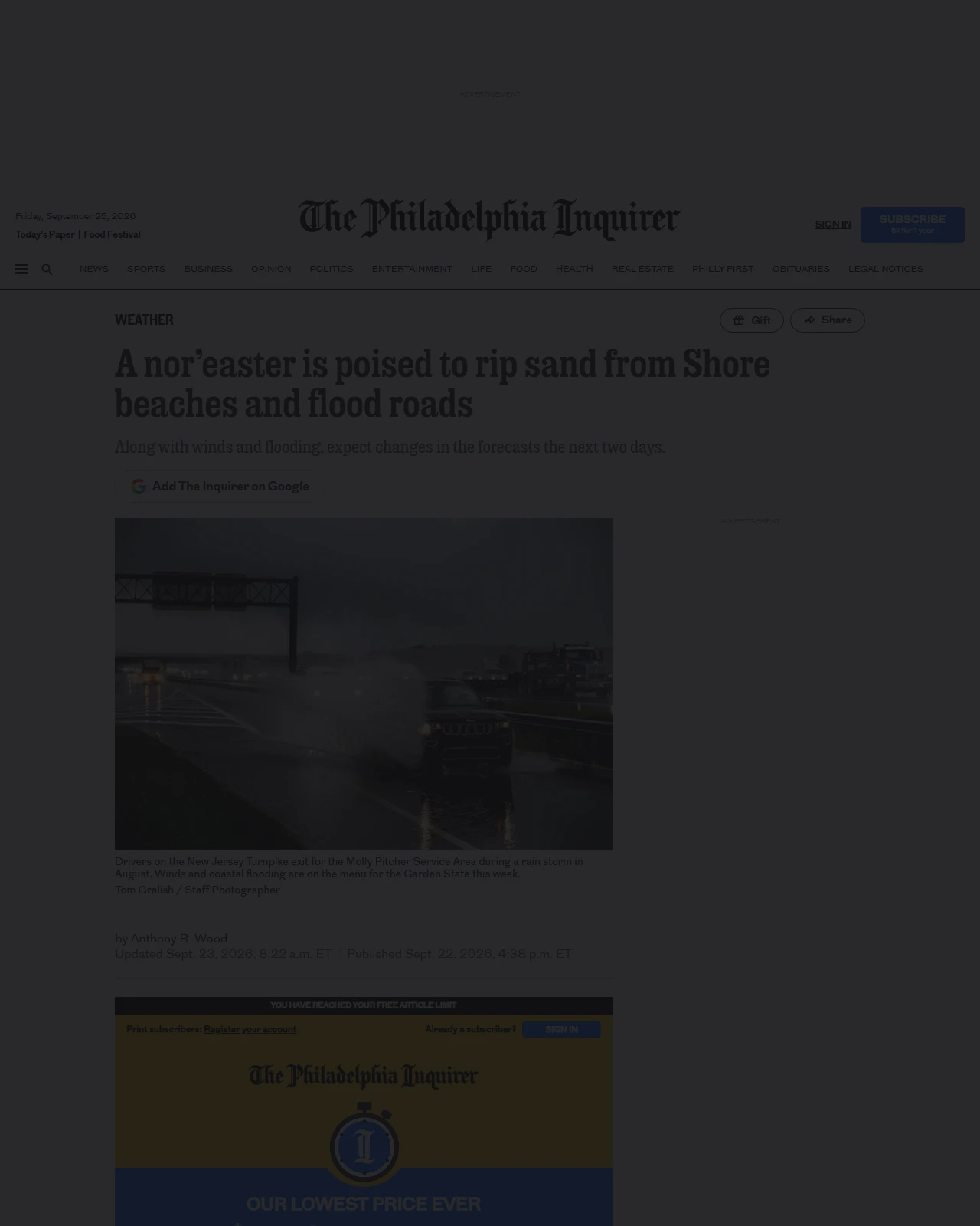inquirer.com as published: A nor’easter is poised to rip sand from Shore beaches and flood roads