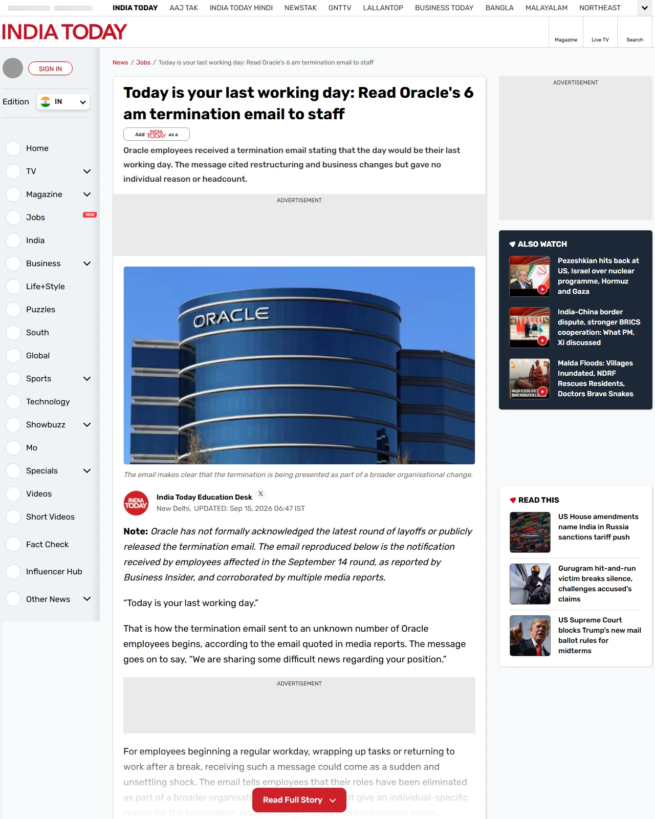 indiatoday.in as published: Today is your last working day: Read Oracle's 6 am termination email to staff