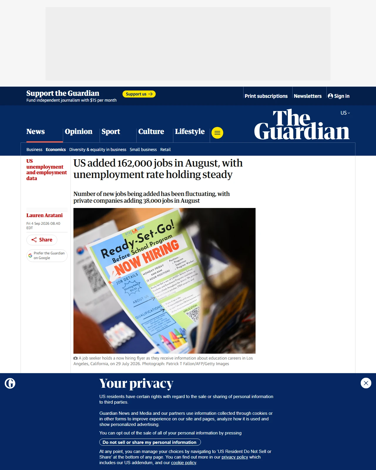 theguardian.com as published: US added 162,000 jobs in August, with unemployment rate holding steady