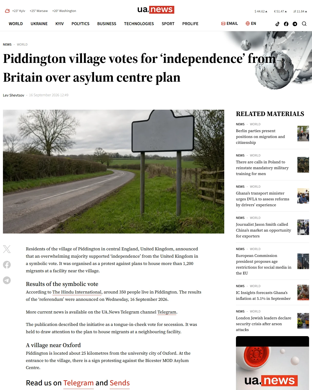 ua.news as published: Piddington village votes for ‘independence’ from Britain over asylum centre plan