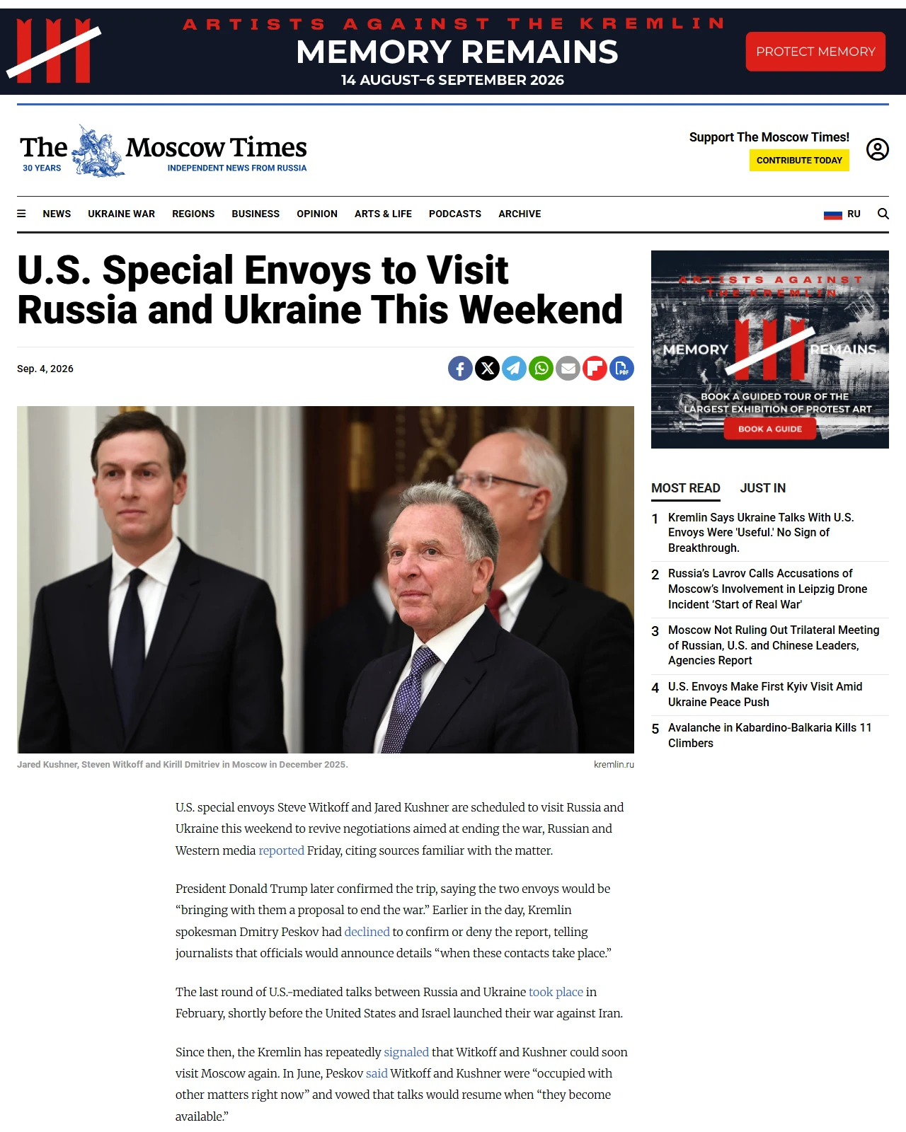 themoscowtimes.com as published: U.S. Special Envoys to Visit Russia and Ukraine This Weekend