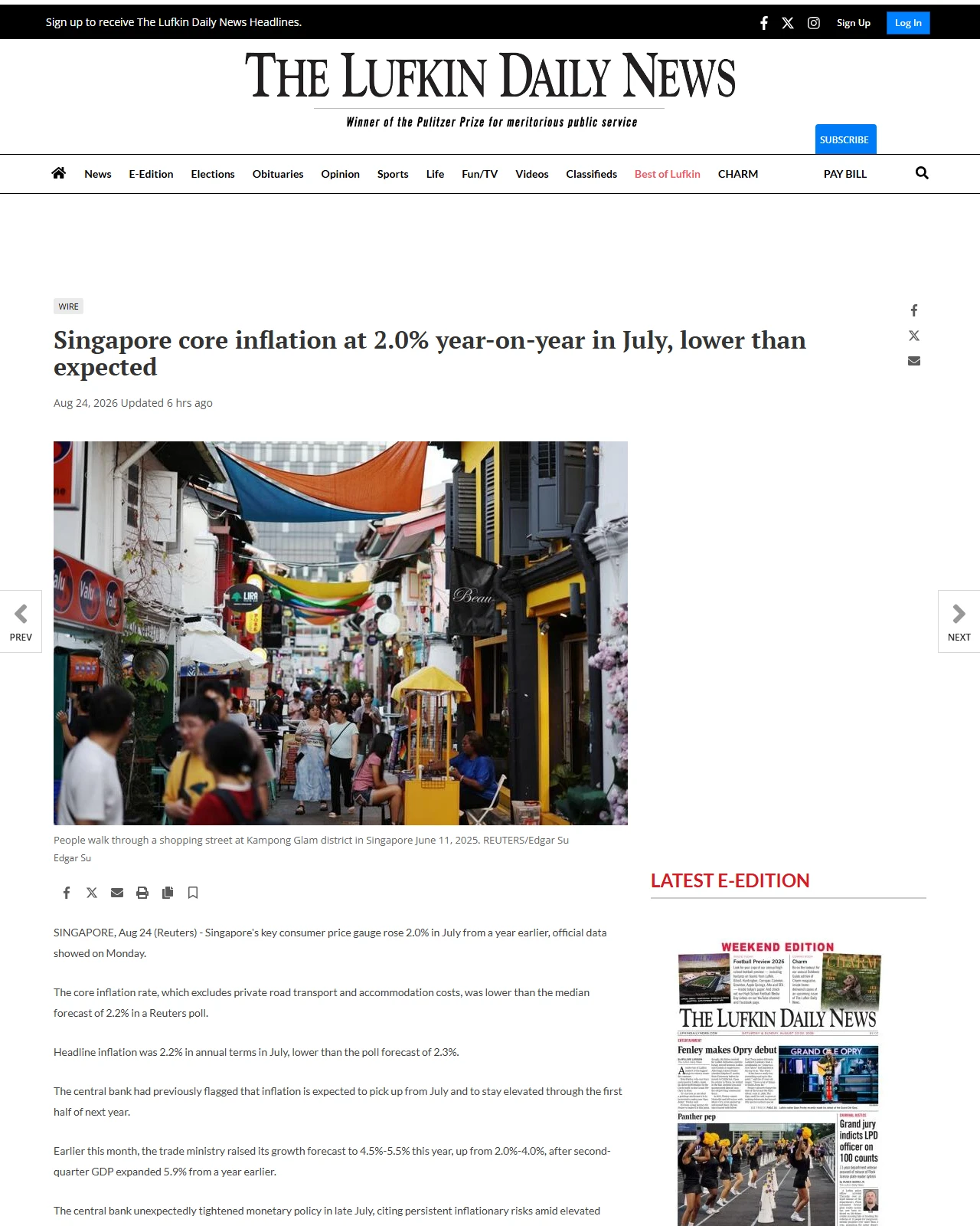 lufkindailynews.com as published: Singapore core inflation at 2.0% year-on-year in July, lower than expected