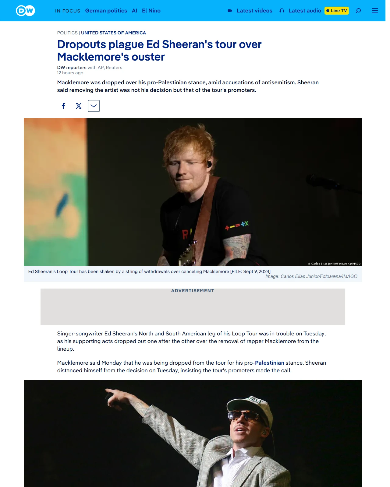 dw.com as published: Supporting acts pull out of Ed Sheeran's tour over dropping Macklemore