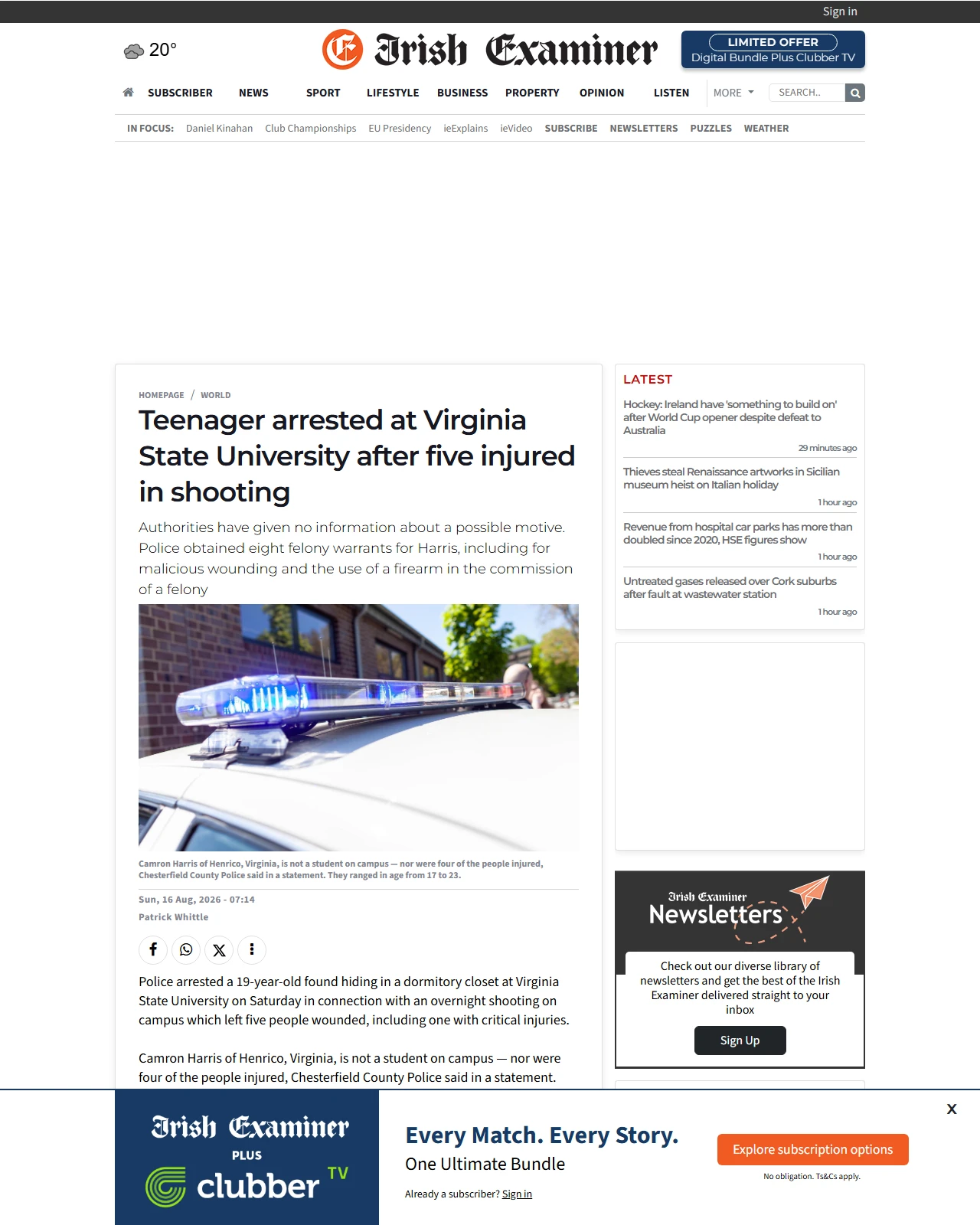 irishexaminer.com as published: Teenager arrested at Virginia State University after five injured in shooting