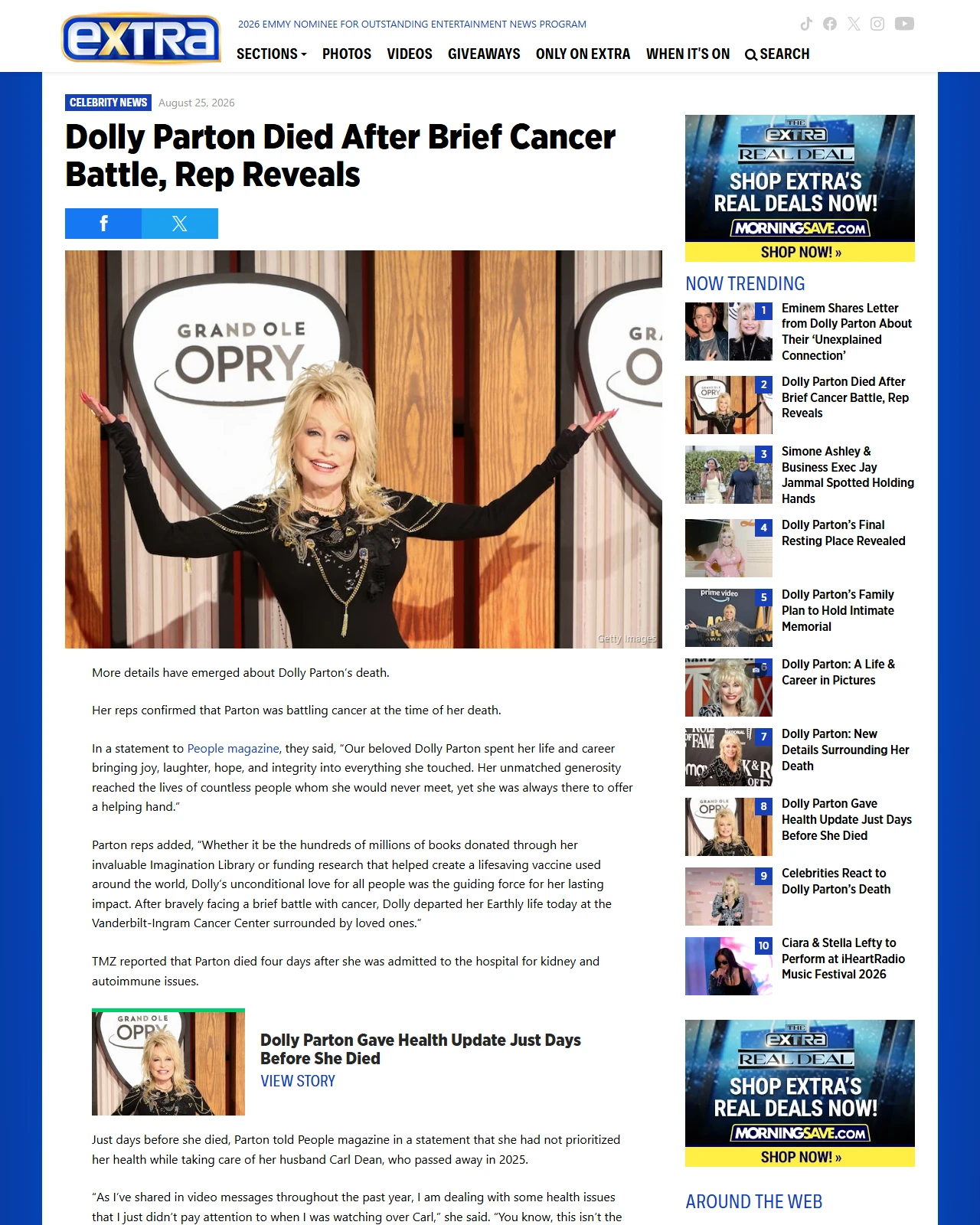 extratv.com as published: Dolly Parton Died After Brief Cancer Battle, Rep Reveals