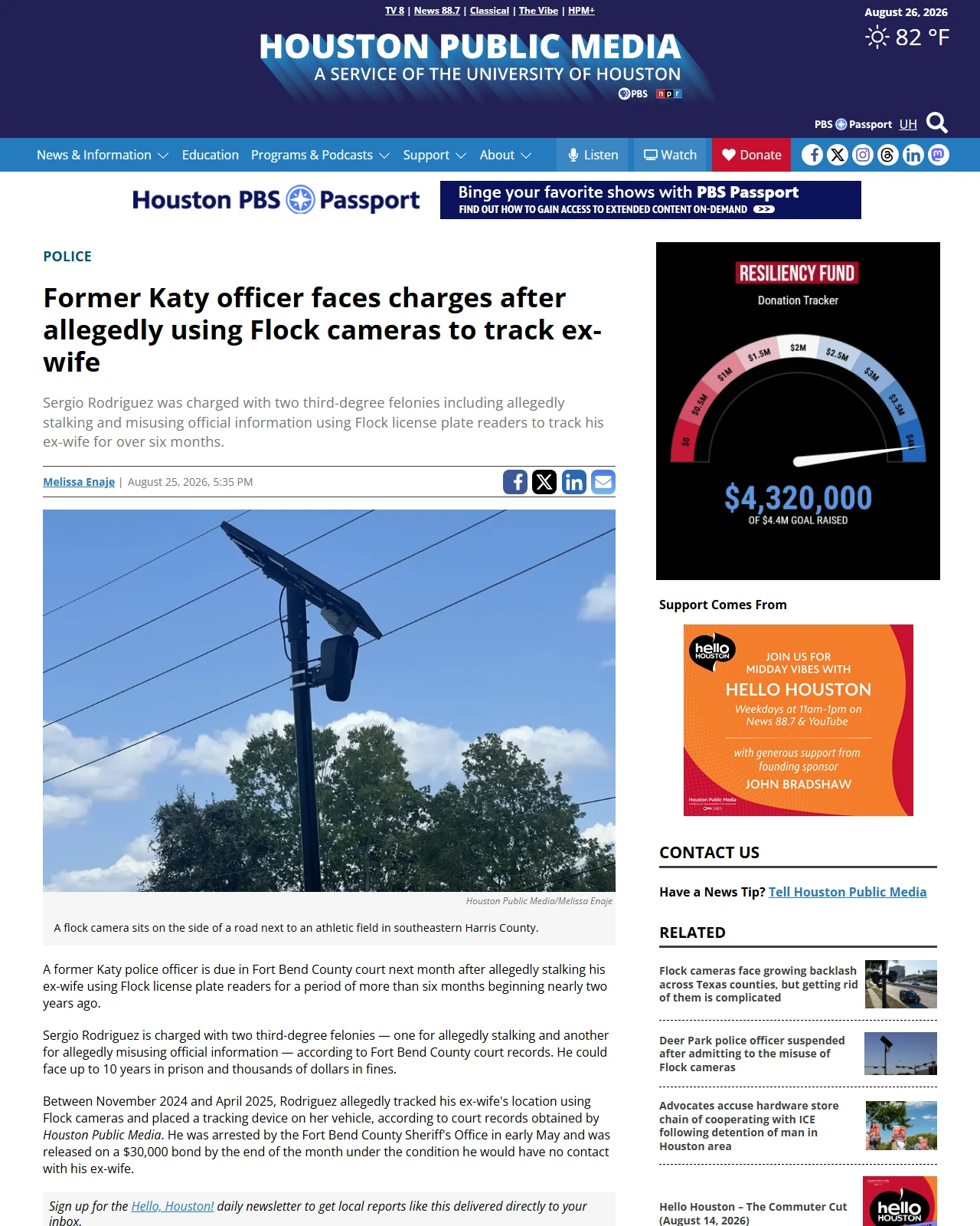 houstonpublicmedia.org as published: Former Katy officer faces charges after allegedly using Flock cameras to track ex-wife