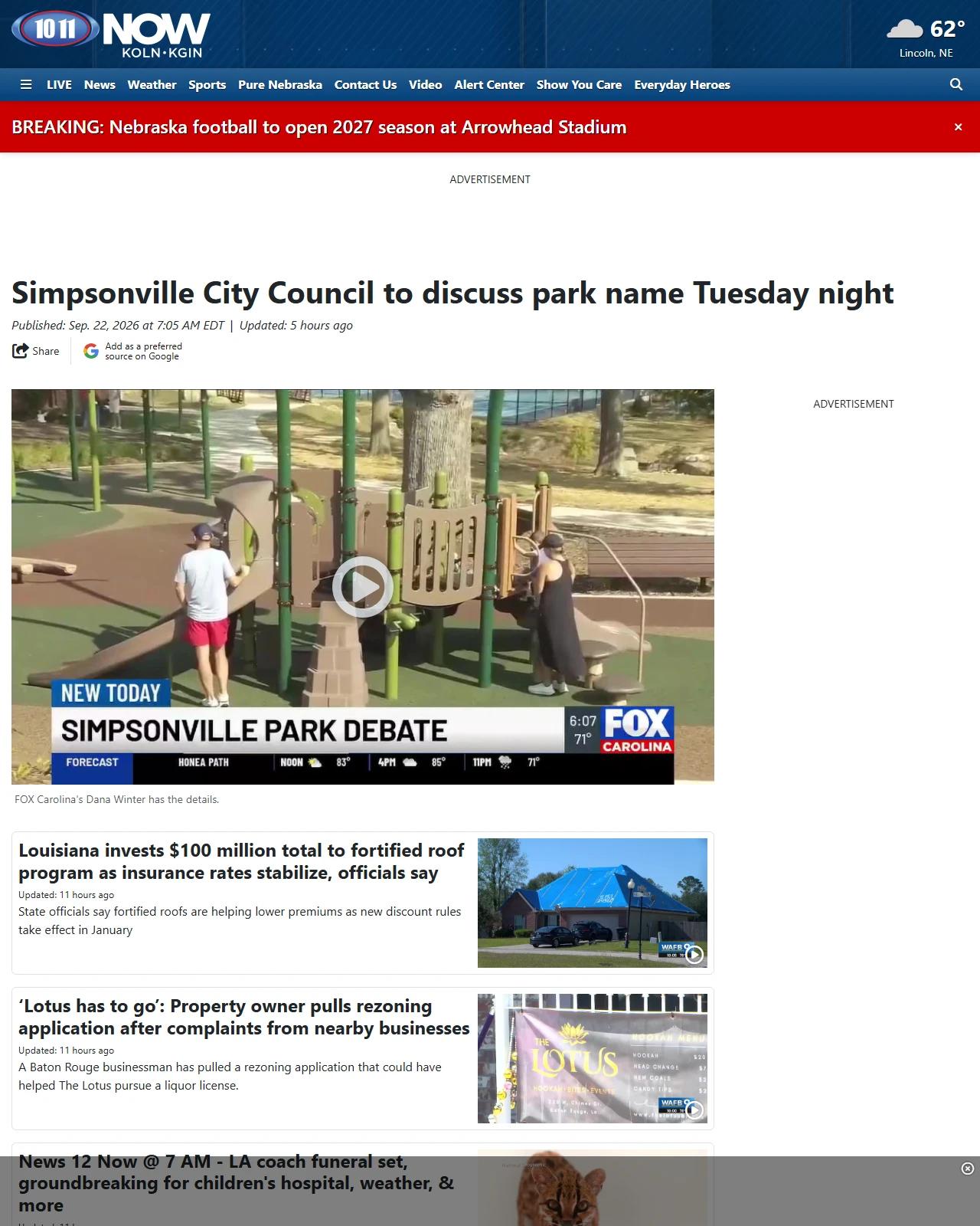 1011now.com as published: Simpsonville City Council to discuss park name Tuesday night - KOLN | Nebraska Local News, Weather, Sports | Lincoln, NE
