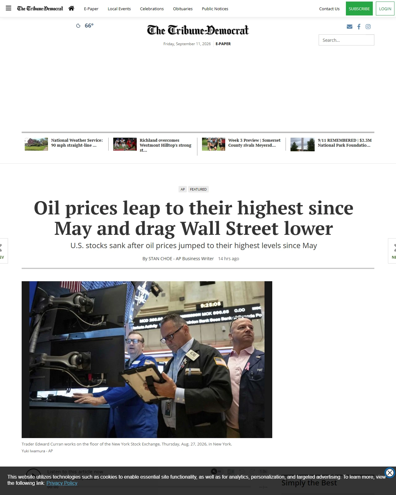 tribdem.com as published: Oil prices leap to their highest since May and drag Wall Street lower - The Tribune-Democrat