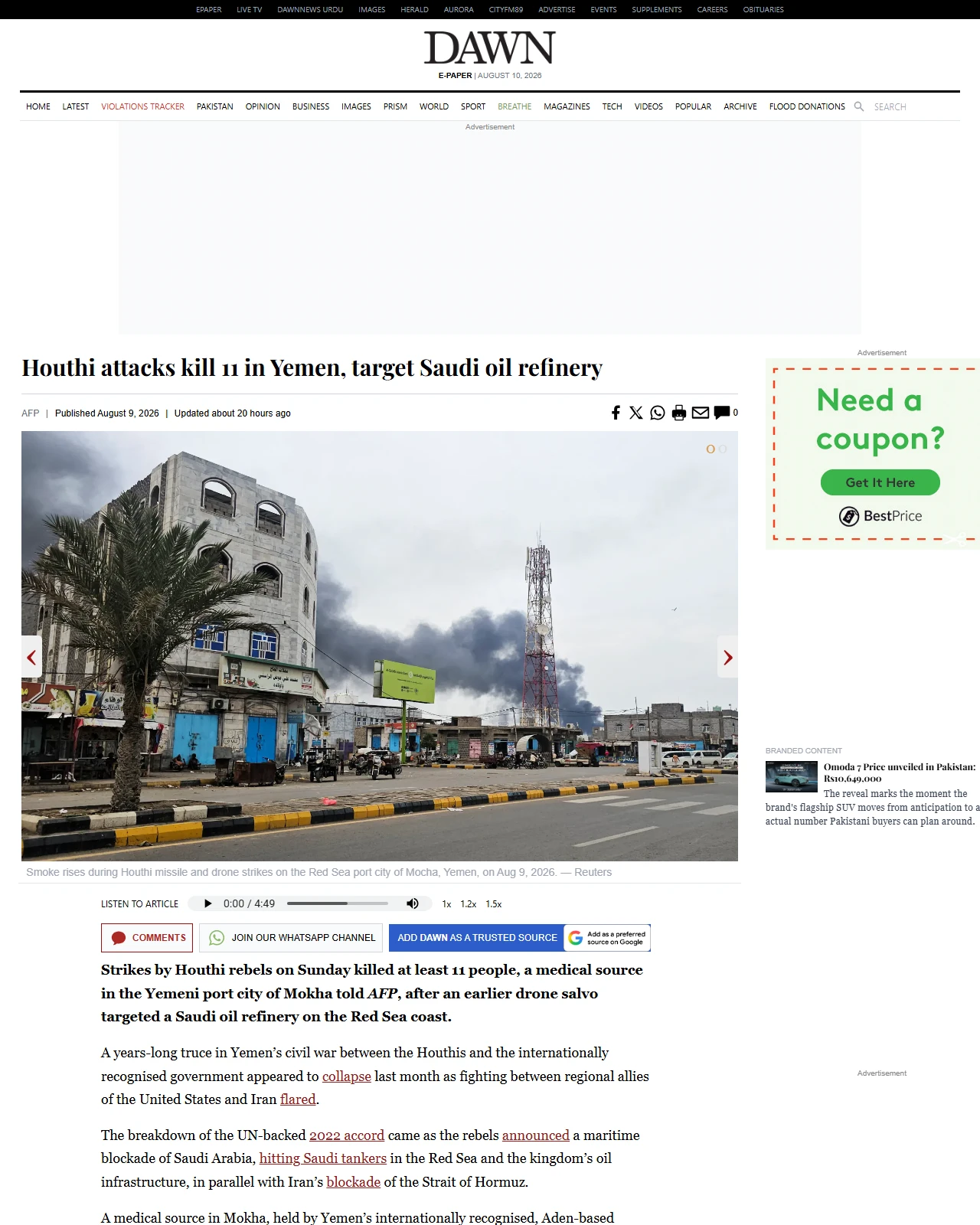 dawn.com as published: Houthi attacks kill 11 in Yemen, target Saudi oil refinery