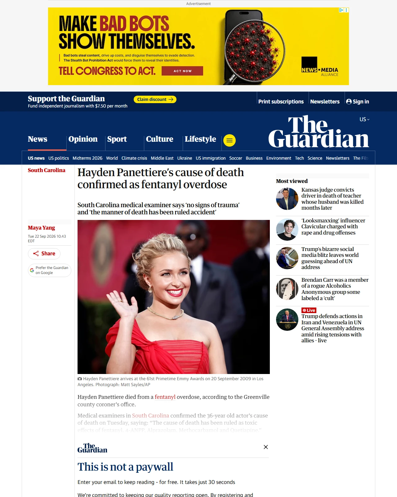 theguardian.com as published: Hayden Panettiere’s cause of death confirmed as fentanyl overdose