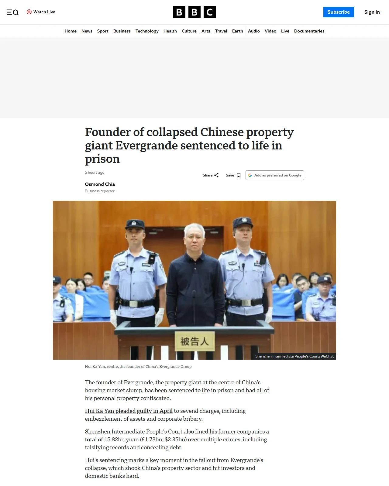 bbc.co.uk as published: Founder of collapsed Chinese property giant Evergrande sentenced to life in prison