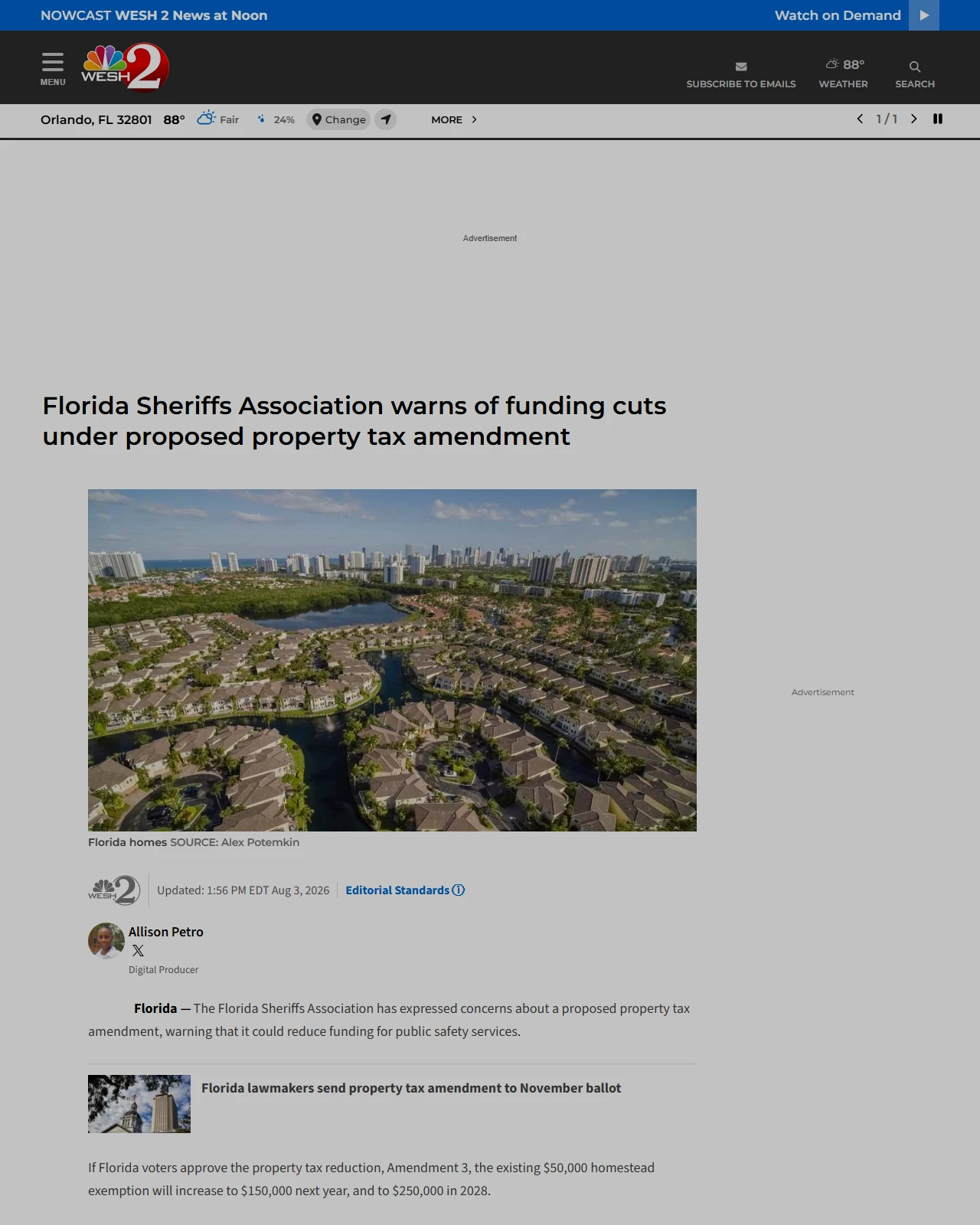 wesh.com as published: Florida Sheriffs Association warns of funding cuts under proposed property tax amendment