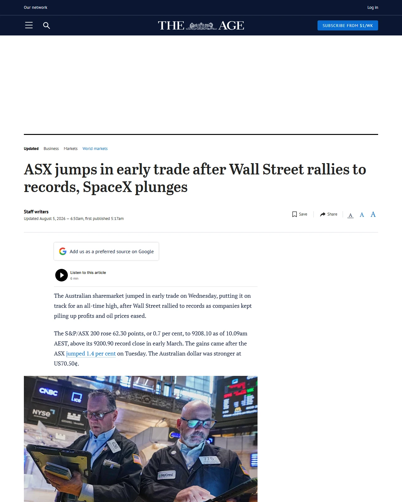 theage.com.au as published: ASX jumps in early trade after Wall Street rallies to records, SpaceX plunges