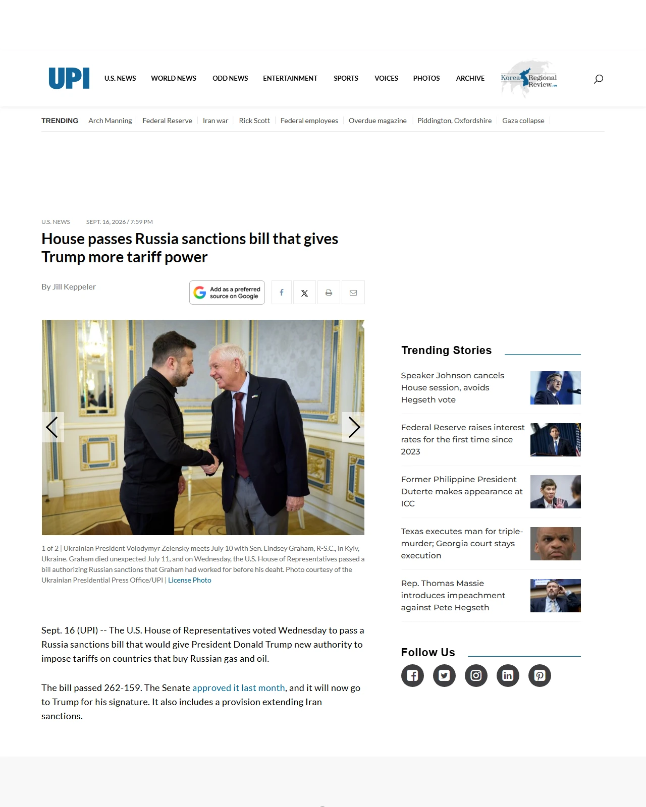 upi.com as published: House passes Russia sanctions bill that gives Trump more tariff power