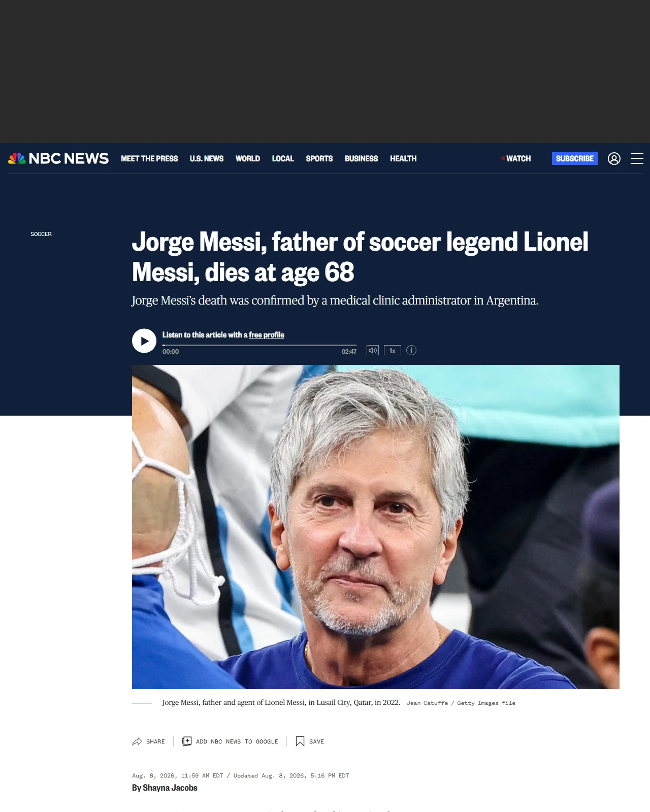 nbcnews.com as published: Jorge Messi, father of soccer legend Lionel Messi, dies at age 68