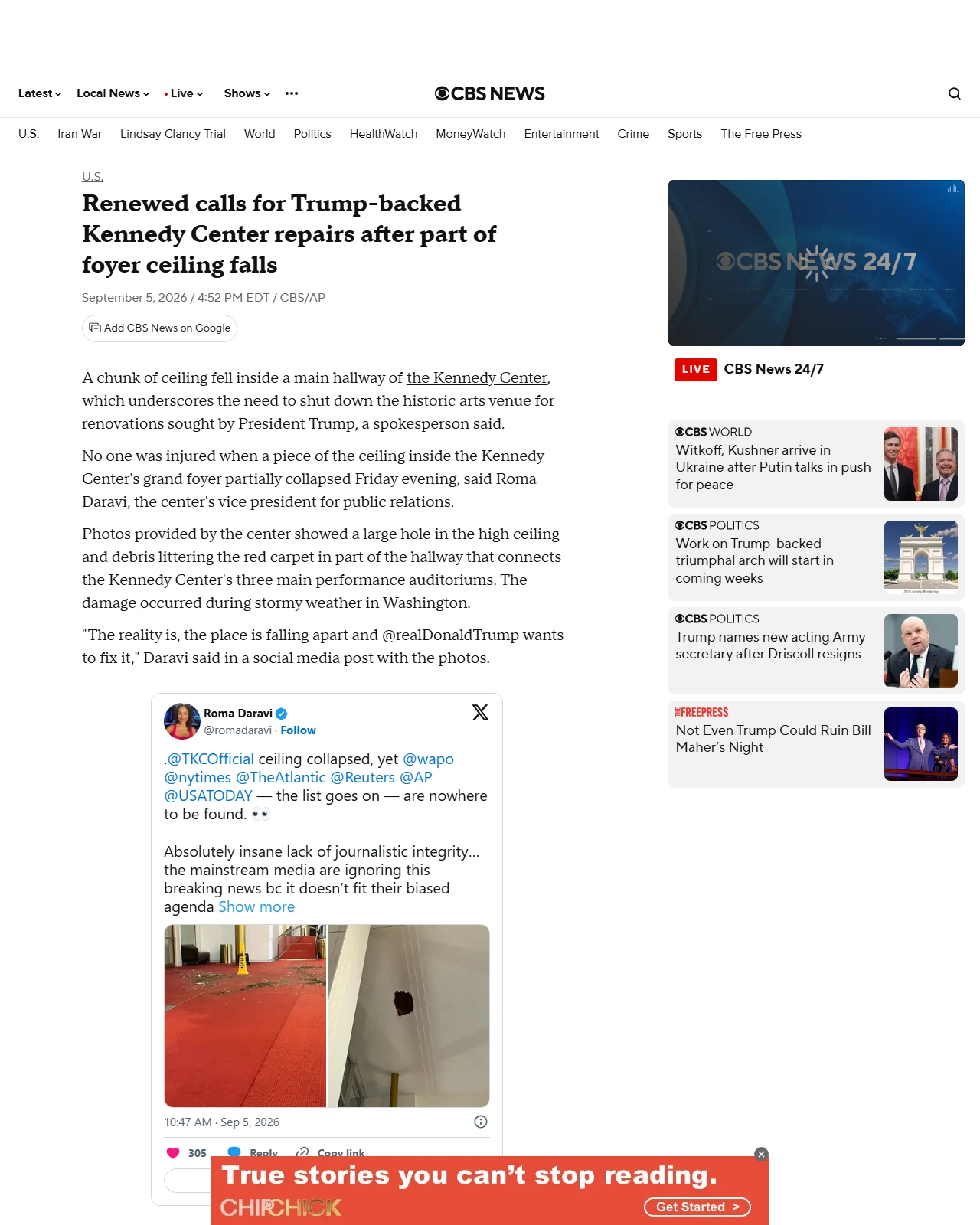 cbsnews.com as published: Kennedy Center foyer ceiling partially falls amid Trump's push for renovations