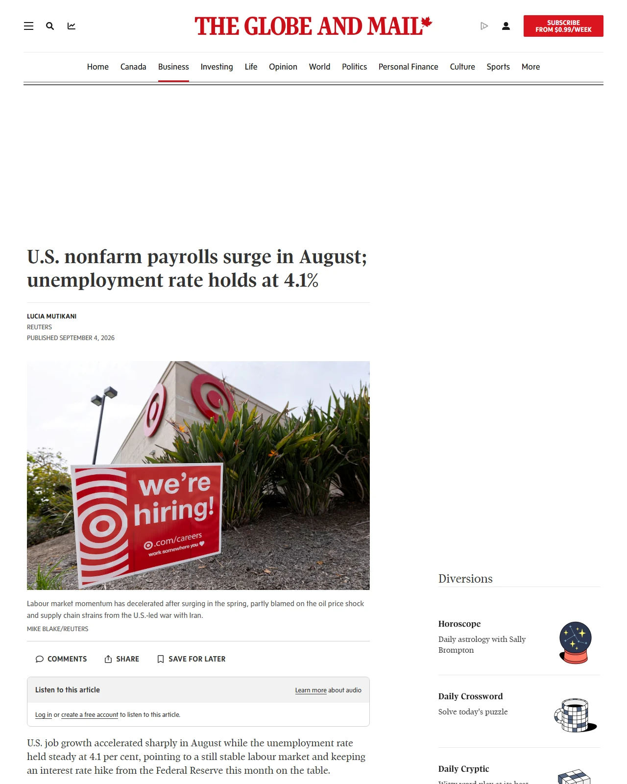 theglobeandmail.com as published: U.S. nonfarm payrolls surge in August; unemployment rate holds at 4.1%