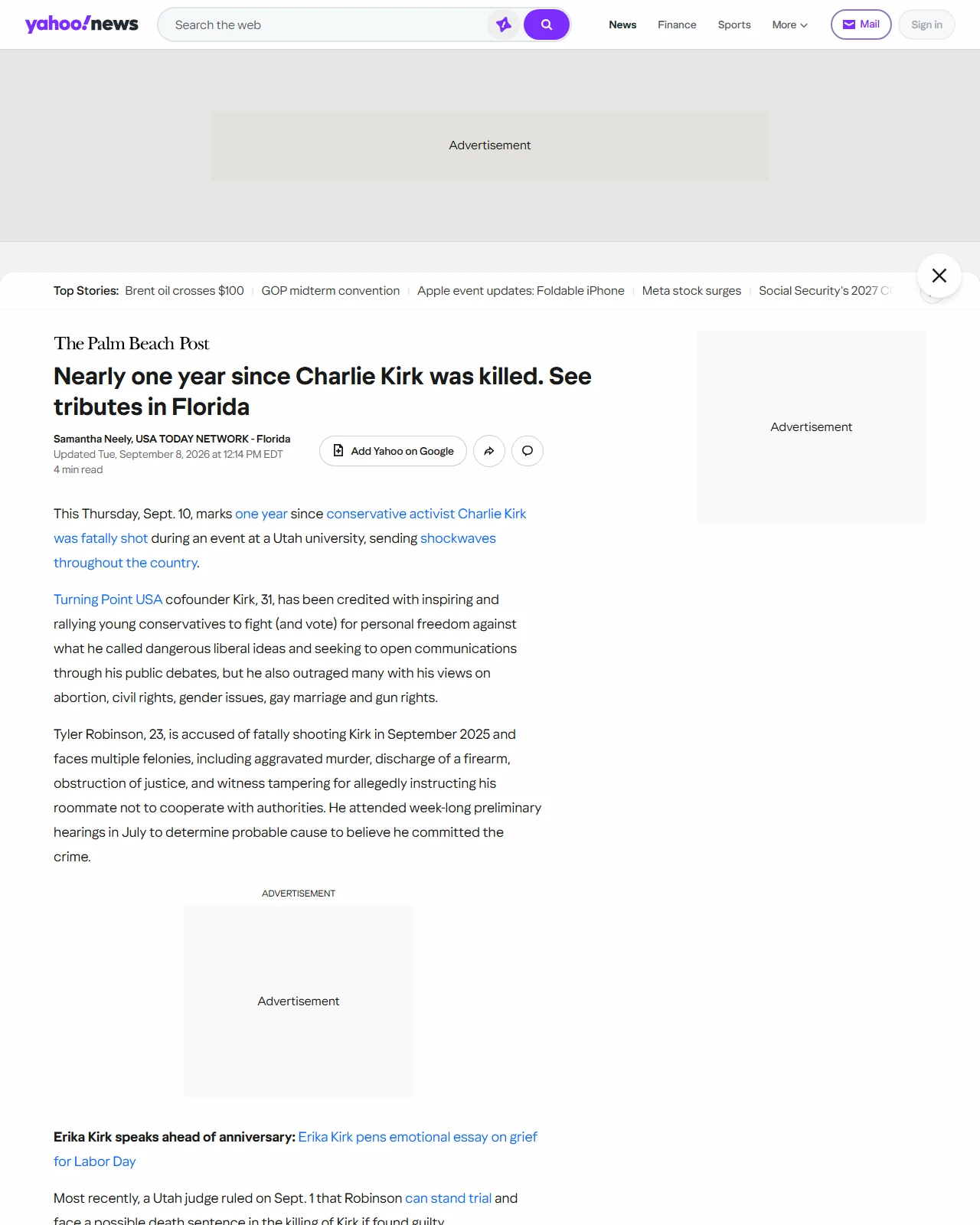 yahoo.com as published: Nearly one year since Charlie Kirk was killed. See tributes in Florida