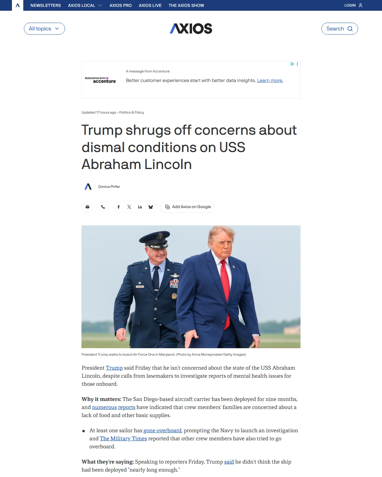 axios.com as published: Trump shrugs off concerns about dismal conditions on USS Abraham Lincoln