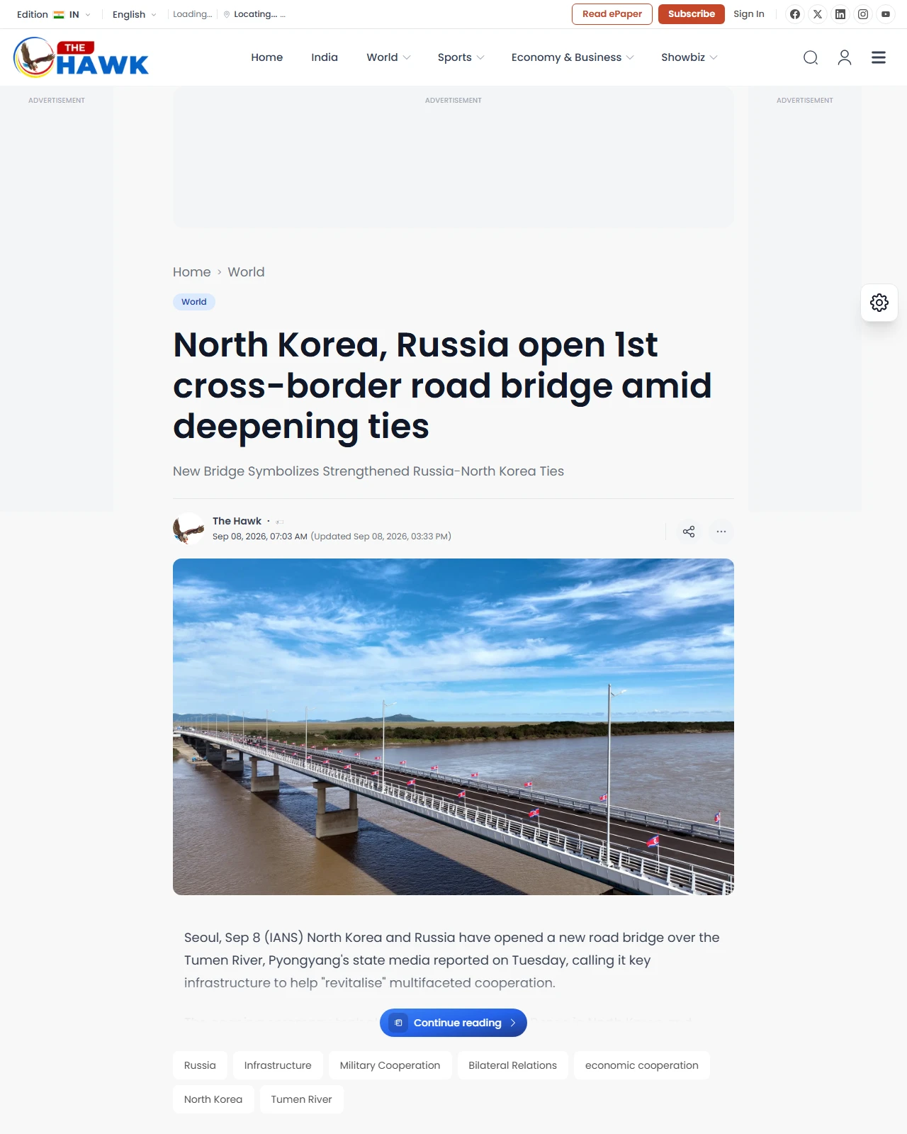 thehawk.in as published: North Korea, Russia open 1st cross-border road bridge amid deepening ties