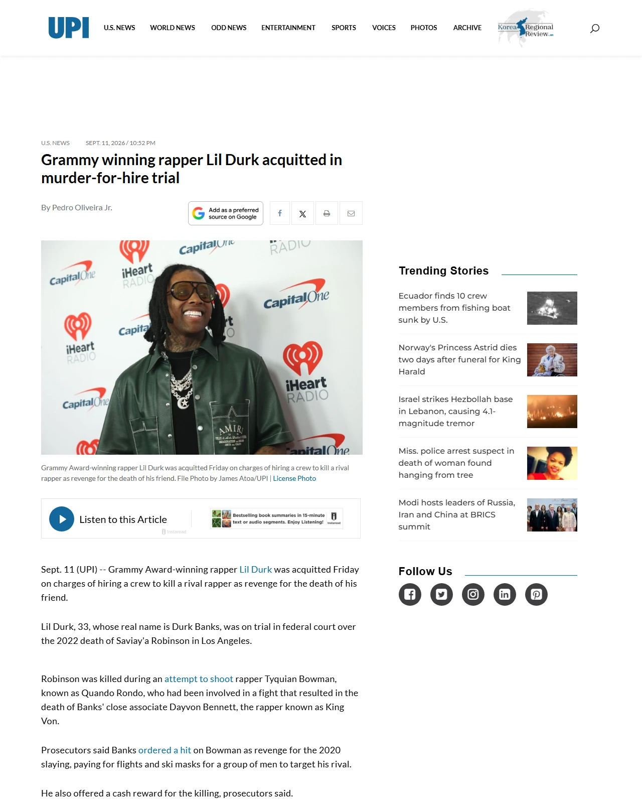 upi.com as published: Grammy winning rapper Lil Durk acquitted in murder-for-hire trial