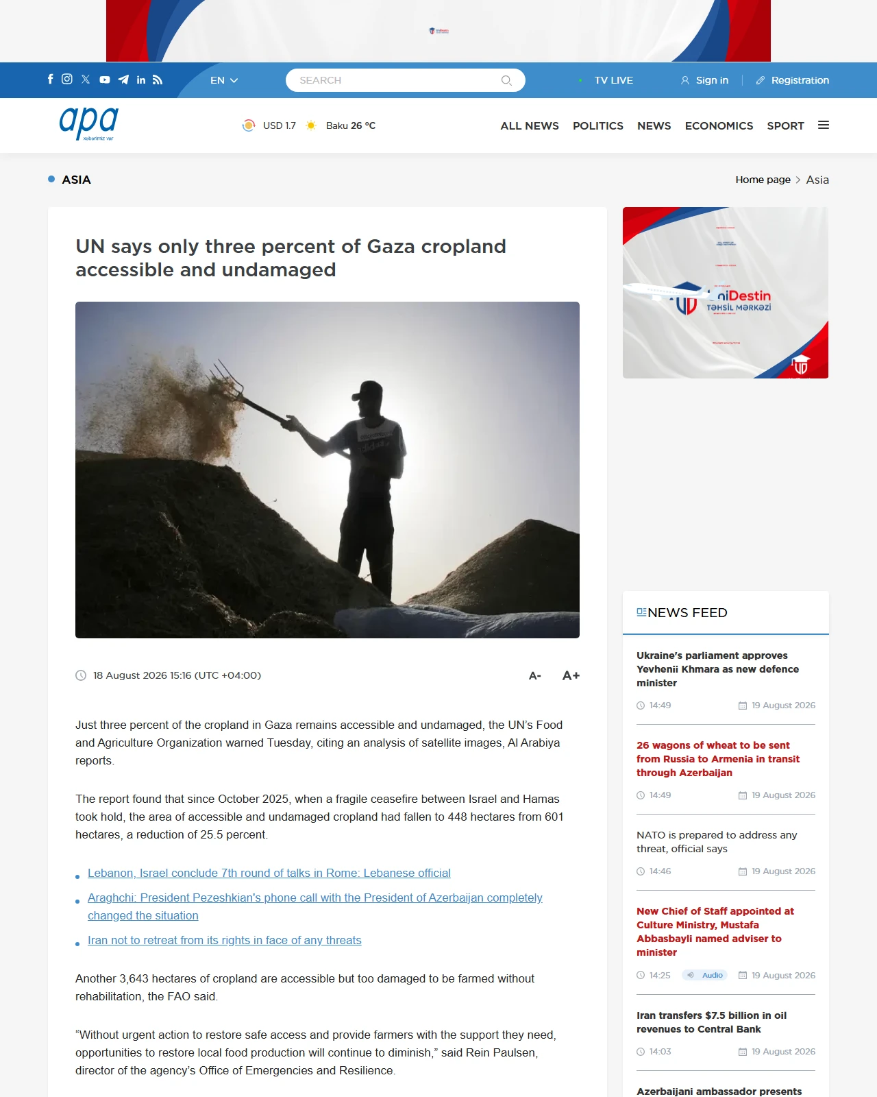 en.apa.az as published: UN says only three percent of Gaza cropland accessible and undamaged