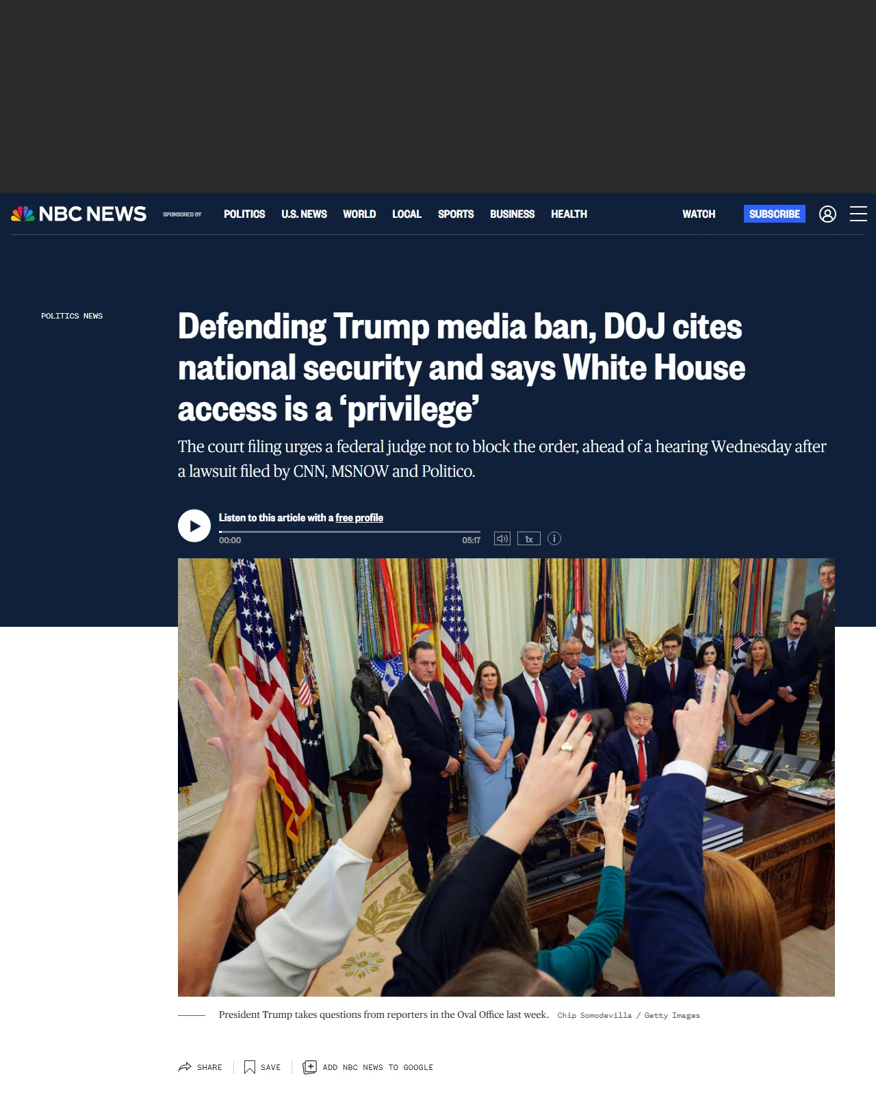 nbcnews.com as published: Defending Trump media ban, DOJ cites national security and says White House access is a ‘privilege’