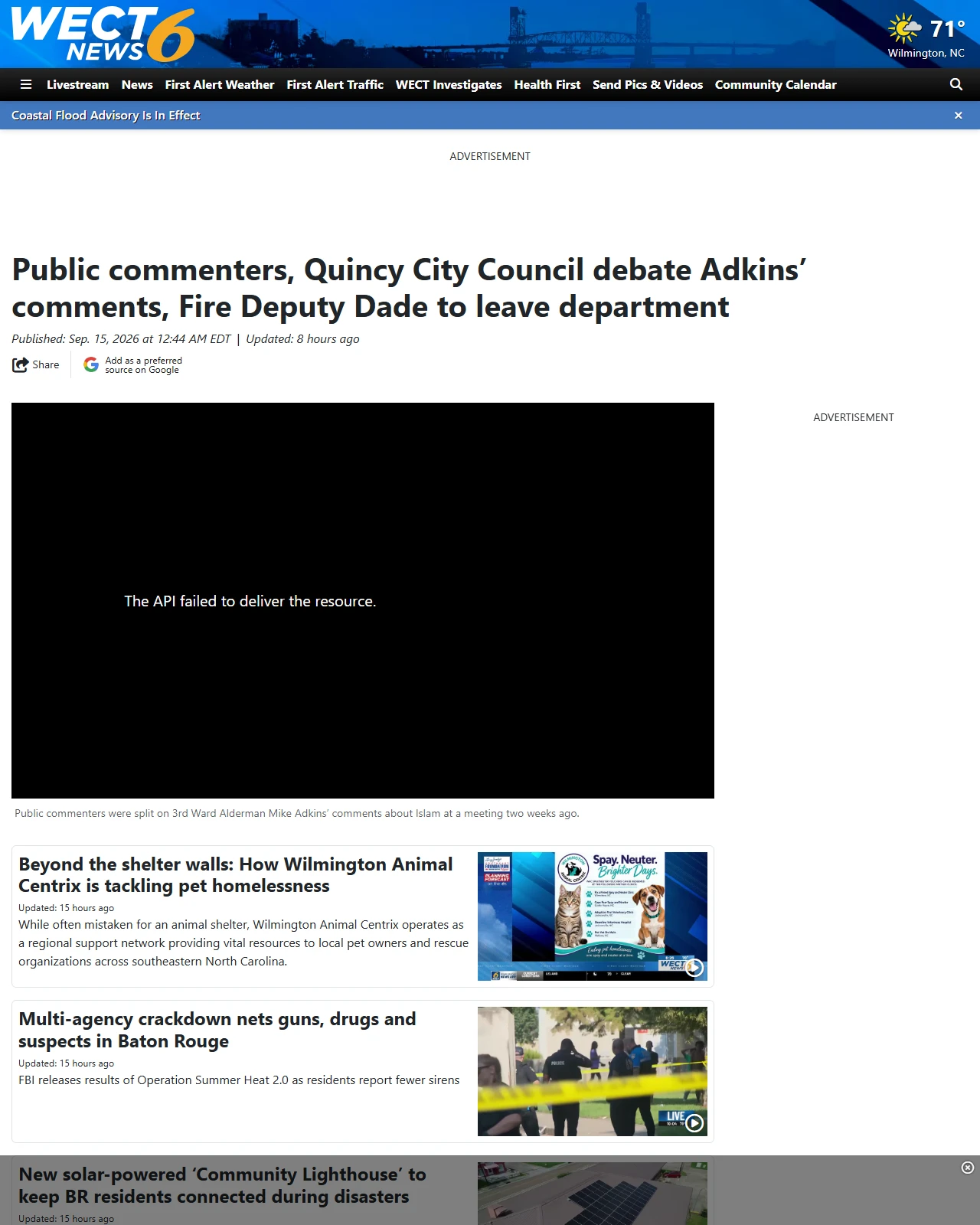 wect.com as published: Public commenters, Quincy City Council debate Adkins’ comments, Fire Deputy Dade to leave department