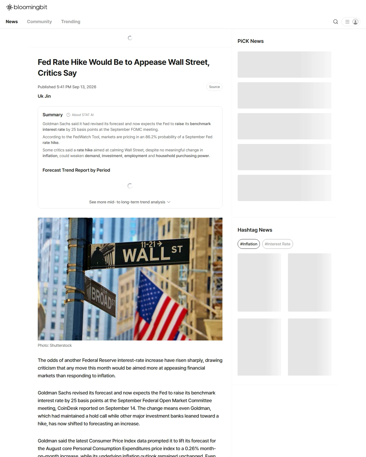 en.bloomingbit.io as published: Fed Rate Hike Would Be to Appease Wall Street, Critics Say
