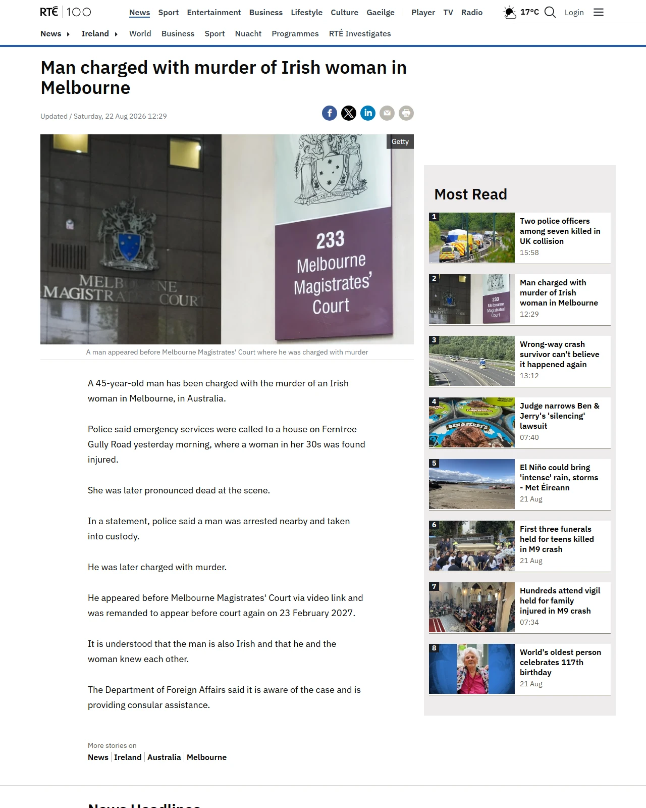 rte.ie as published: Man charged with murder of Irish woman in Melbourne