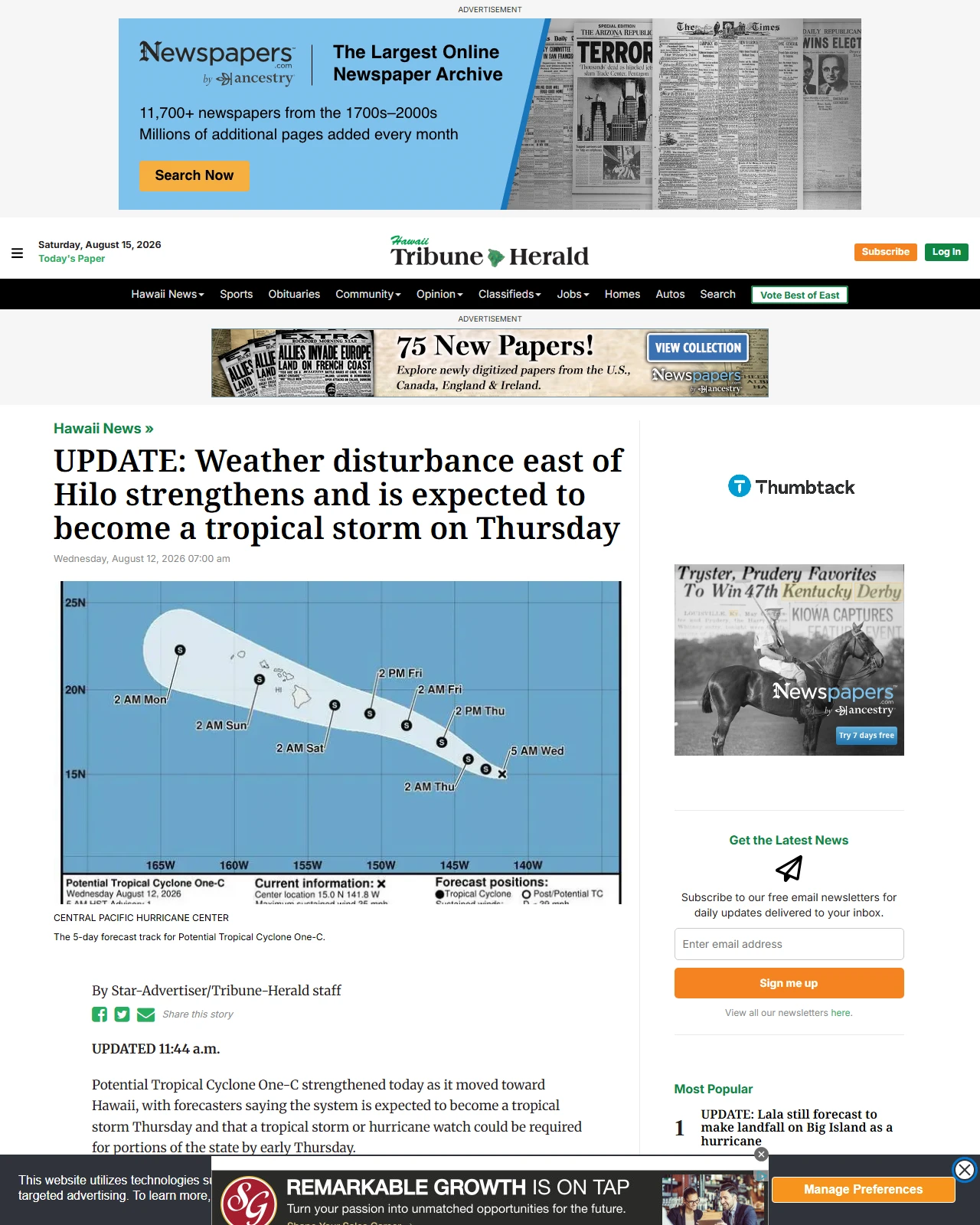 hawaiitribune-herald.com as published: UPDATE: Weather disturbance east of Hilo strengthens and is expected to become a tropical storm on Thursday - Hawaii Tribune-Herald