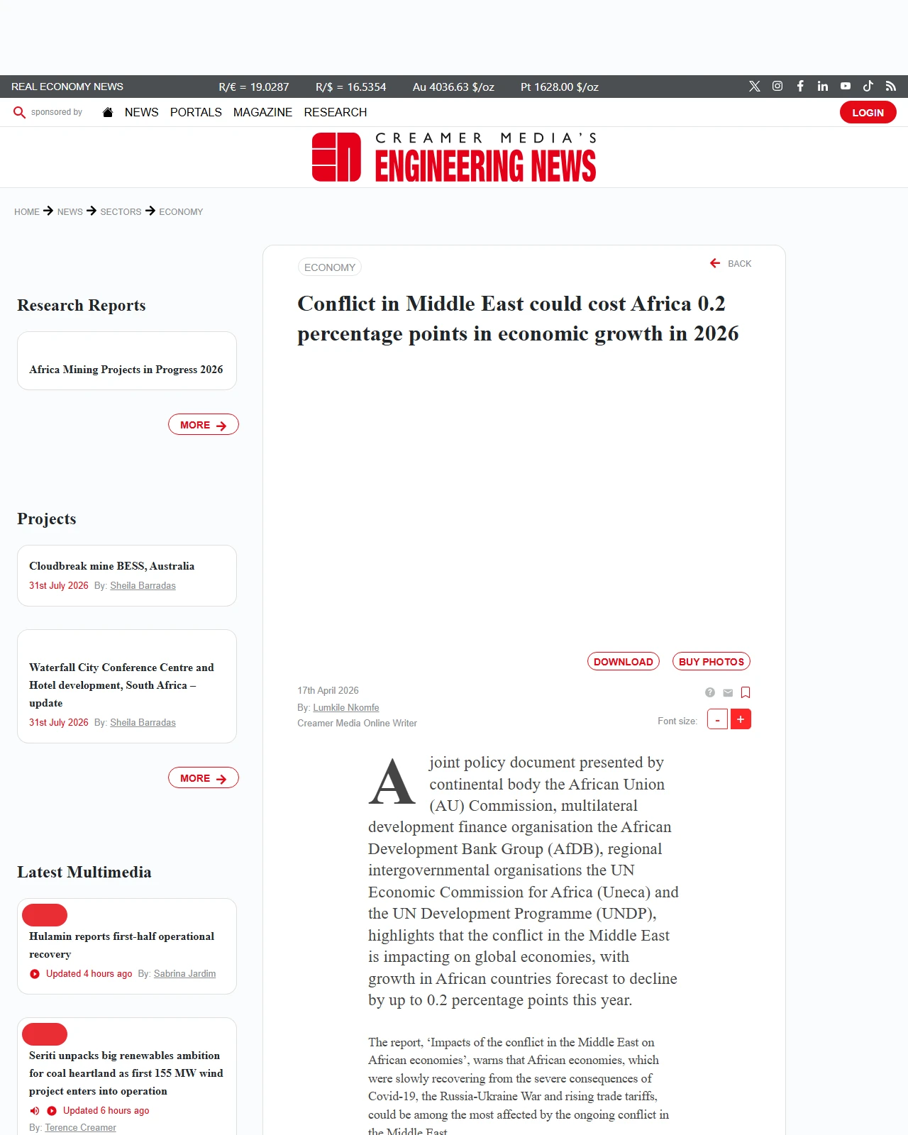 engineeringnews.co.za as published: Conflict in Middle East could cost Africa 0.2 percentage points in economic growth in 2026